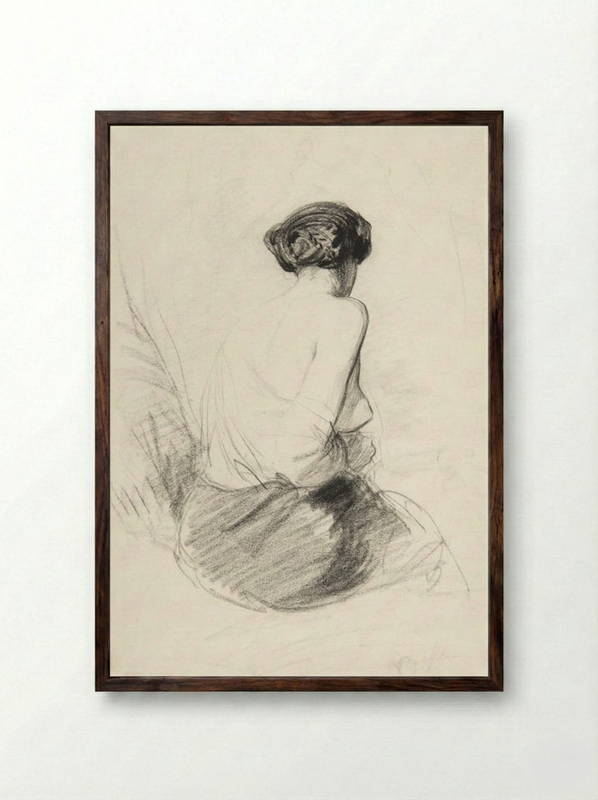 Woman Seated, Seen from Back (Nude Study) - Paul Gavarni - Framed Print Dark Wood
