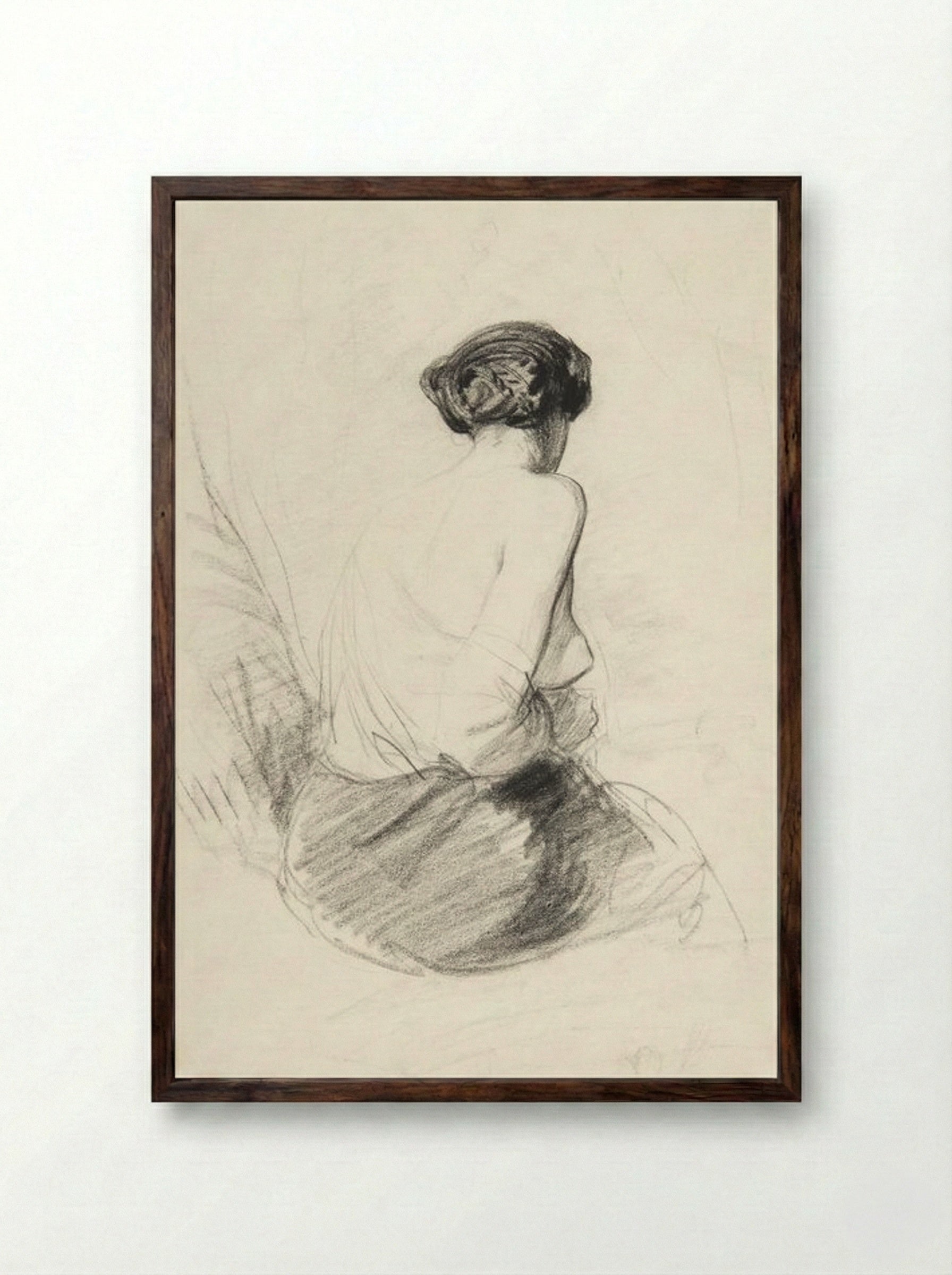 Woman Seated, Seen from Back (Nude Study) - Paul Gavarni - Framed Print Dark Wood