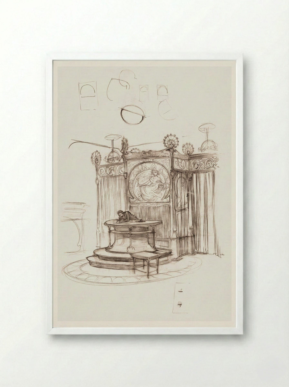 Sketch of an Office Interior - Alphonse Mucha - Framed Print White