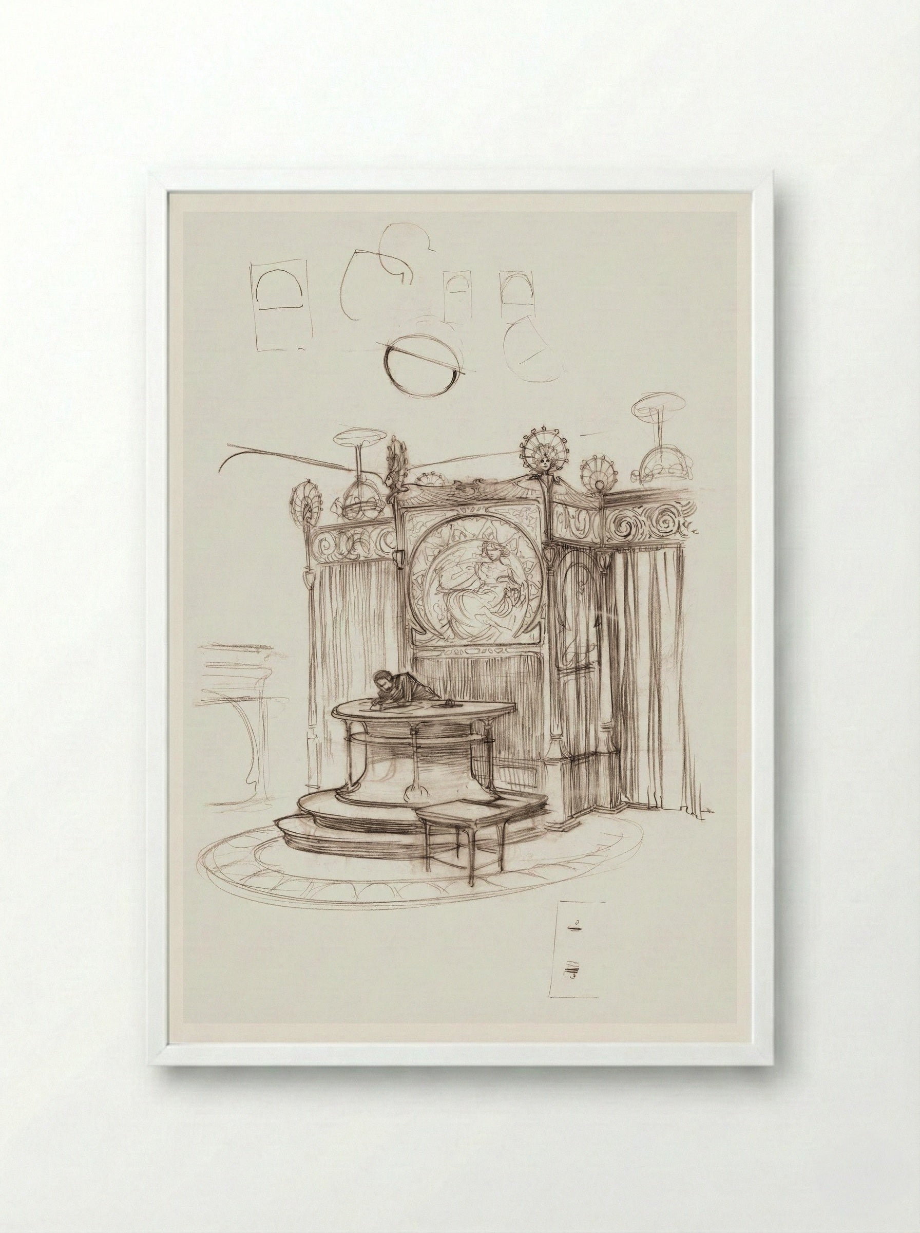 Sketch of an Office Interior - Alphonse Mucha - Framed Print White