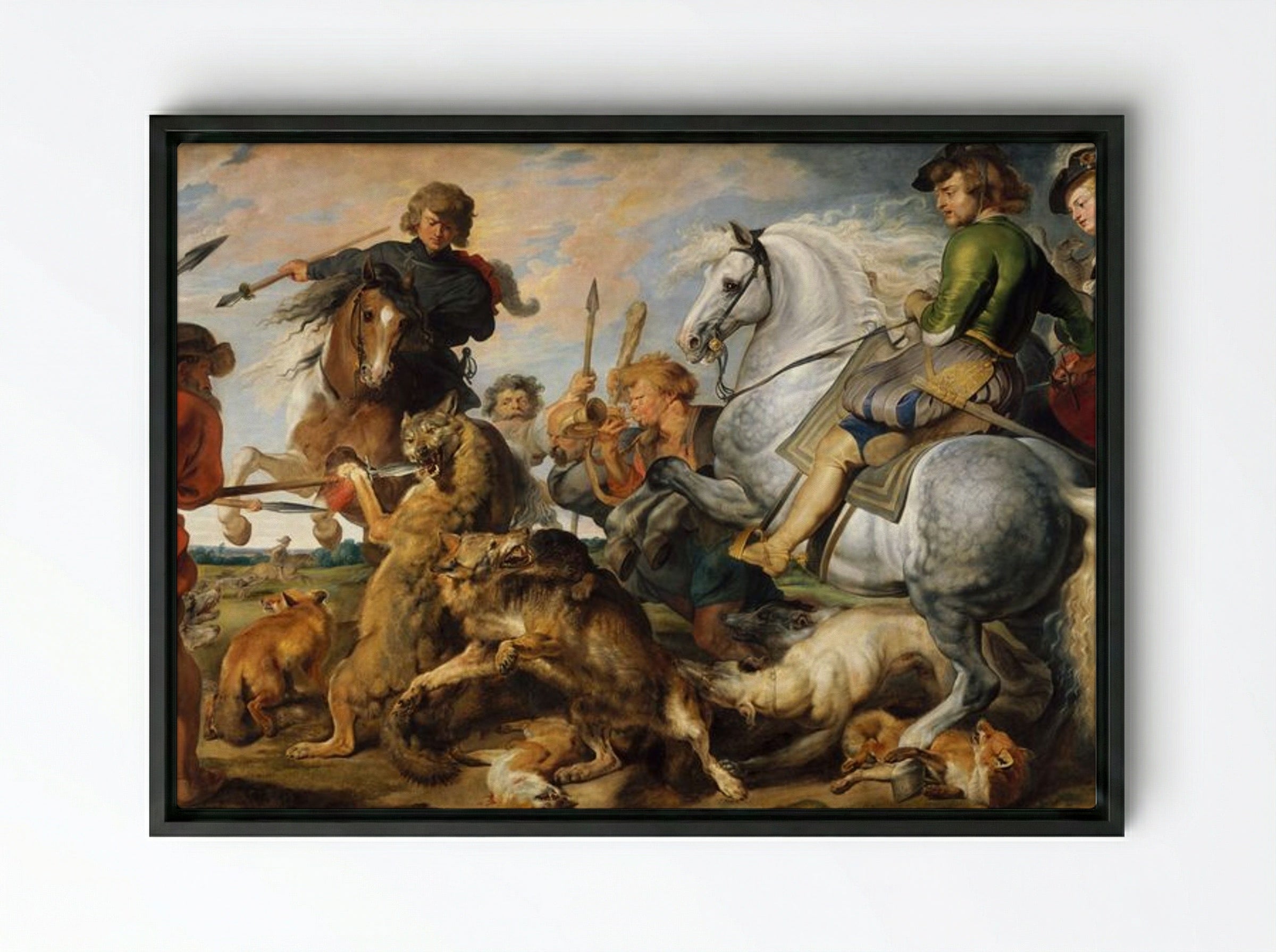 Wolf and Fox Hunt - Peter Paul Rubens - Framed Canvas Black