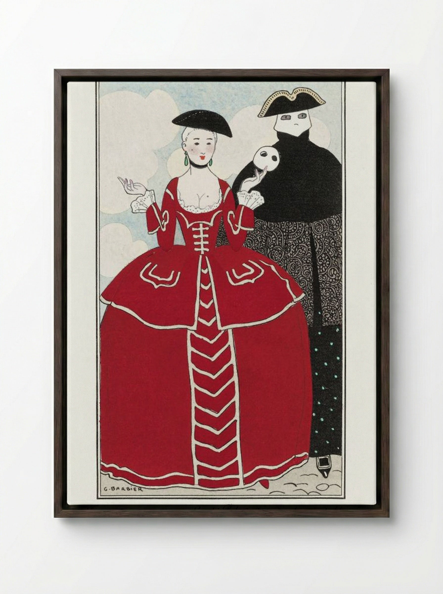 Costumes Parisiens No. 56: Travestissement d'après Longhi - George Barbier - Framed Canvas Dark Wood