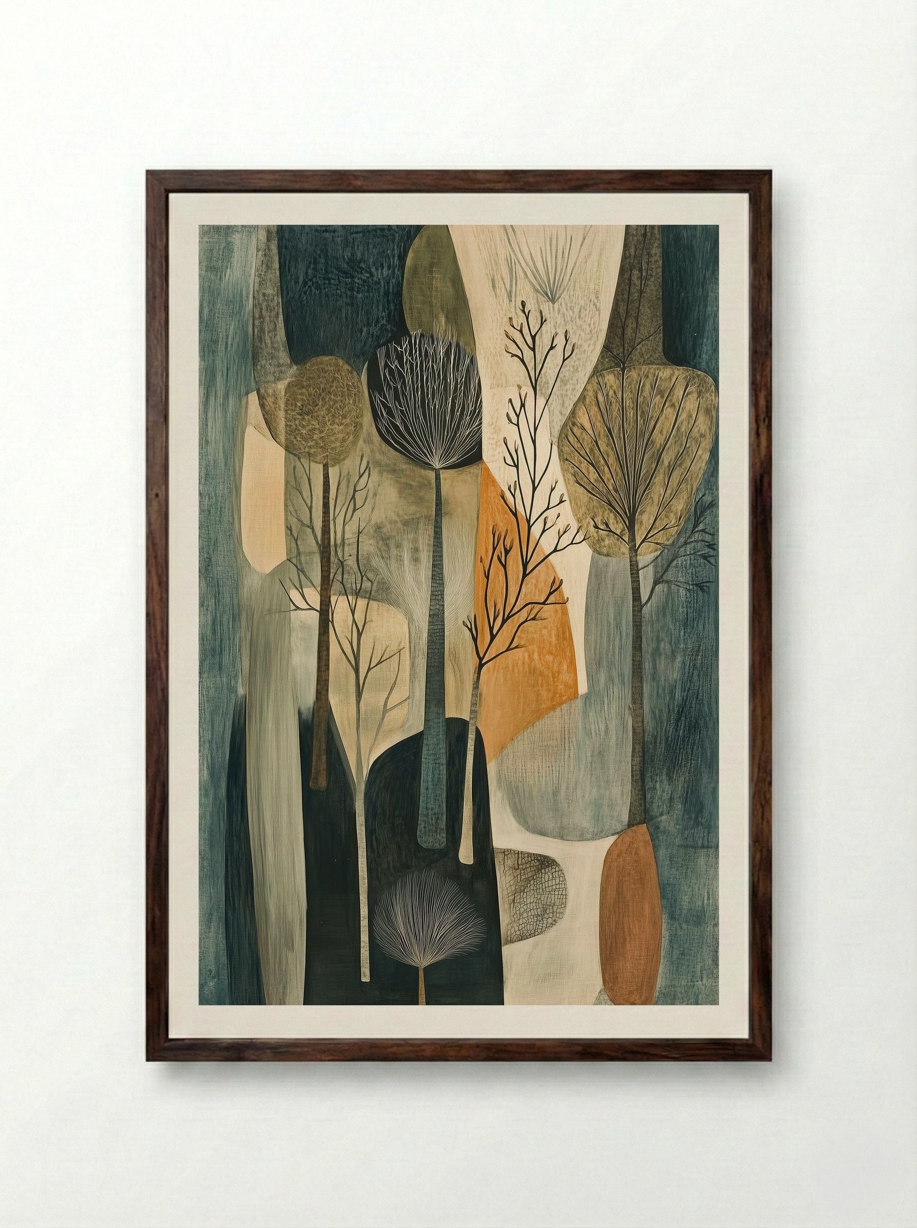Still Grove – Modern Woodland Silhouette in Earth Tones - Framed Print Dark Wood