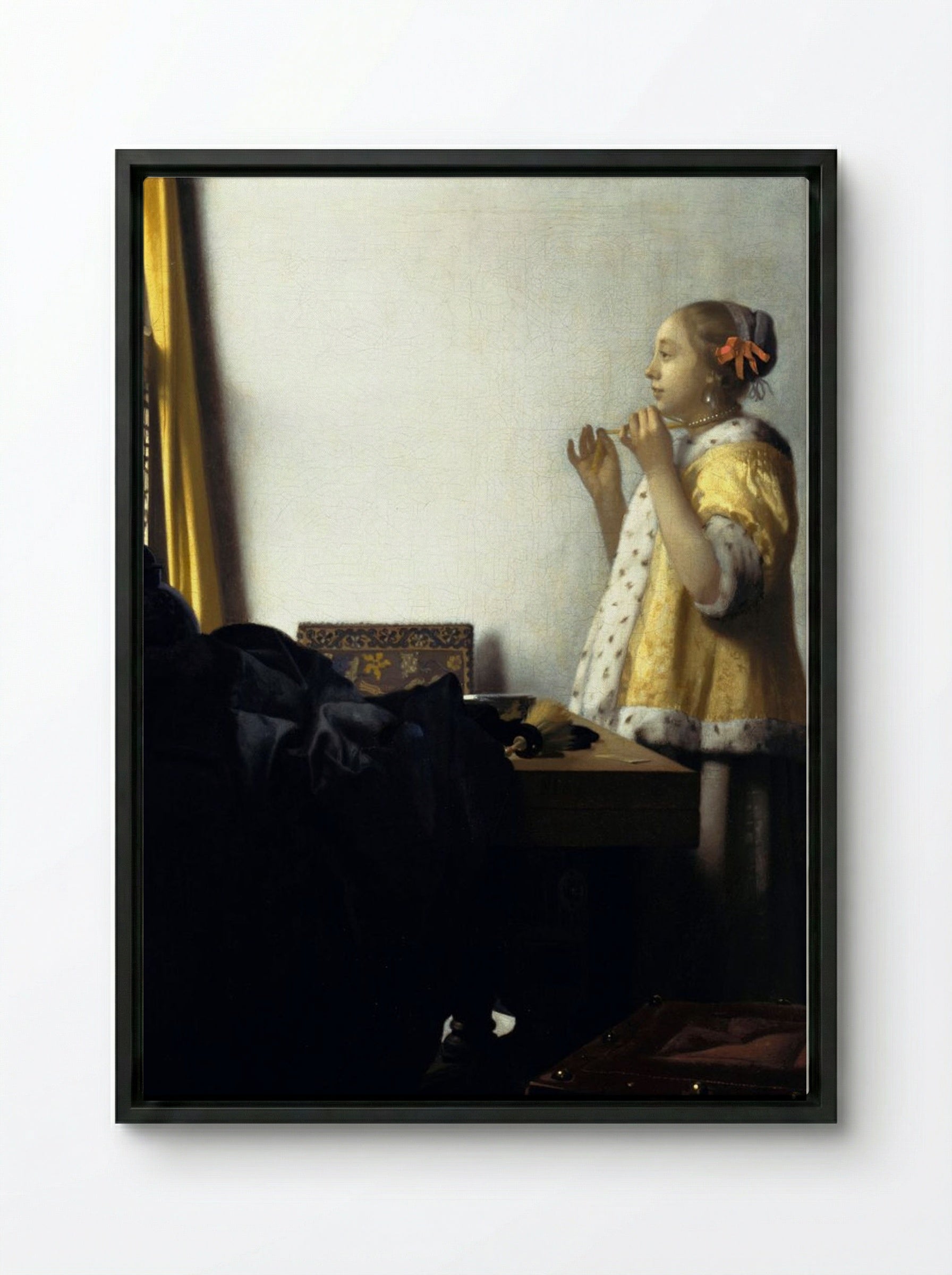Young Woman with a Pearl Necklace - Johannes Vermeer - Framed Canvas Black