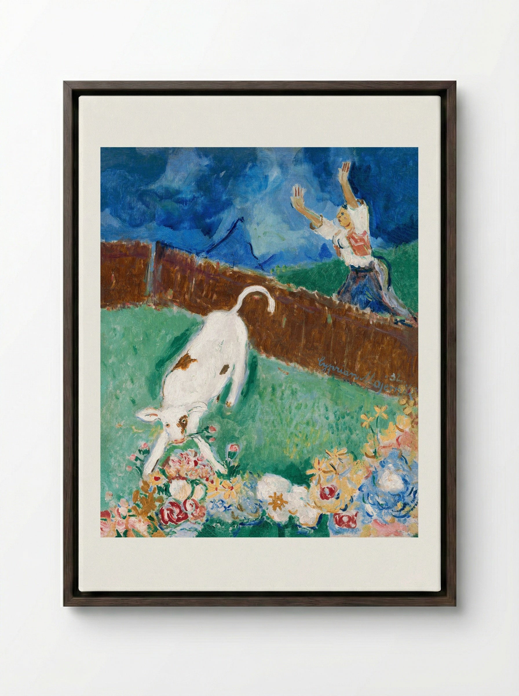 Calf in a Meadow - Cyprián Majerník - Framed Canvas Dark Wood