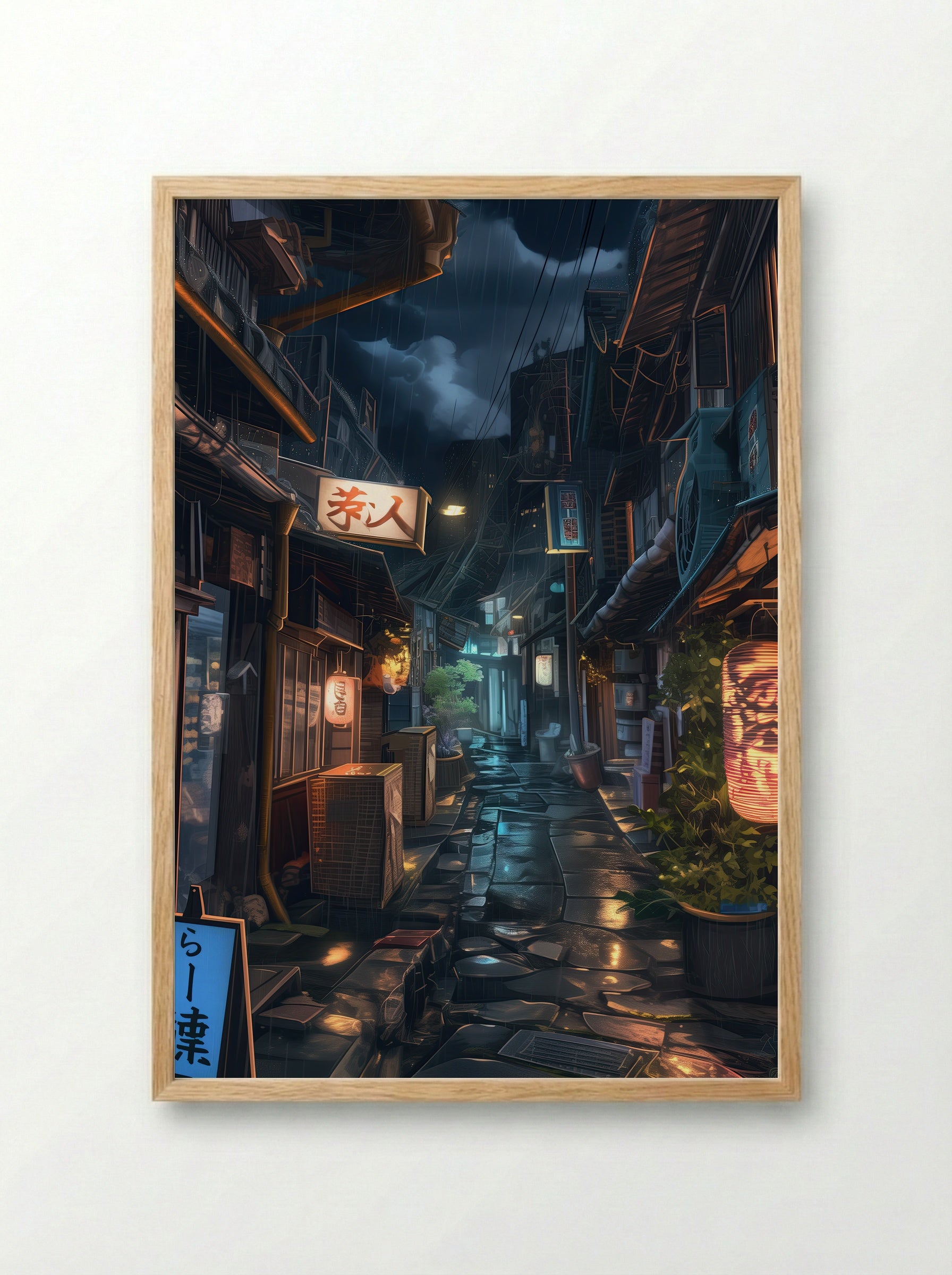 Stormlight Alley – Night Rain in Tokyo - Framed Print Wood