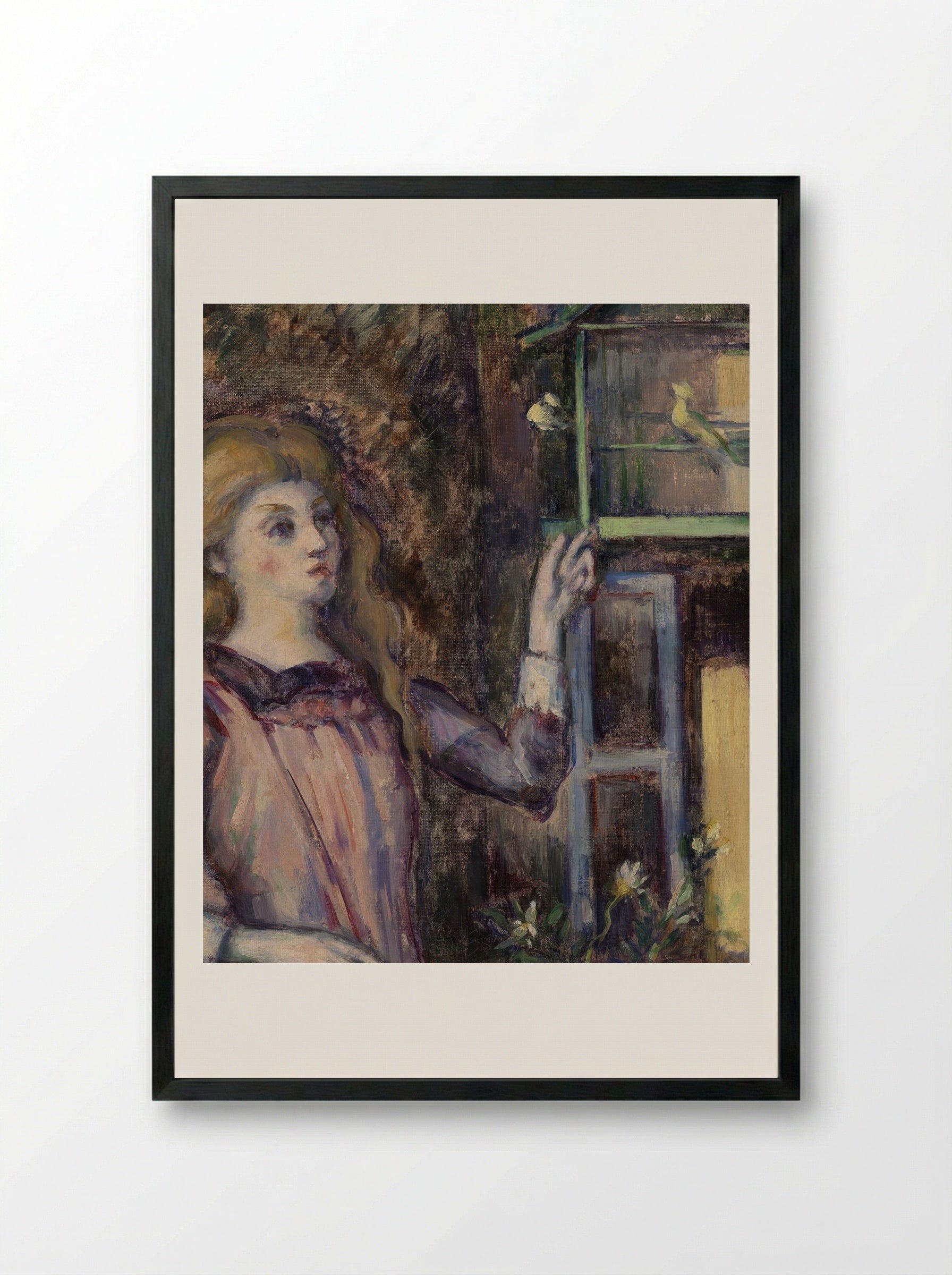 Girl with a Birdcage - Paul Cézanne - Framed Print Black