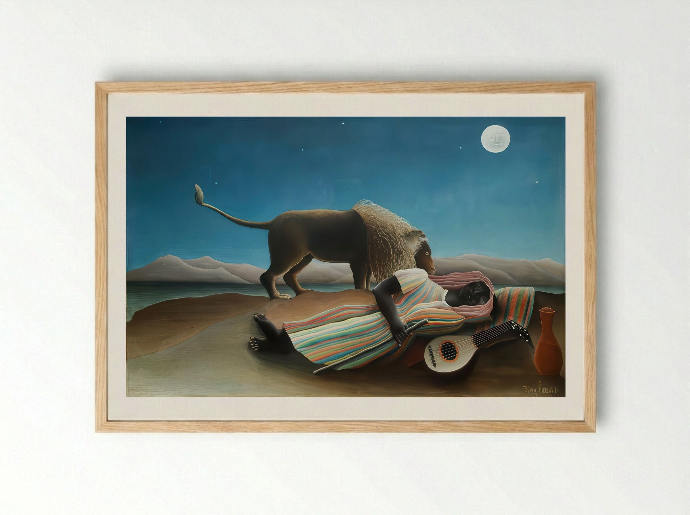 The Sleeping Gypsy by Henri Rousseau – Naïve Art Surreal Desert Scene Print - Framed Print Wood