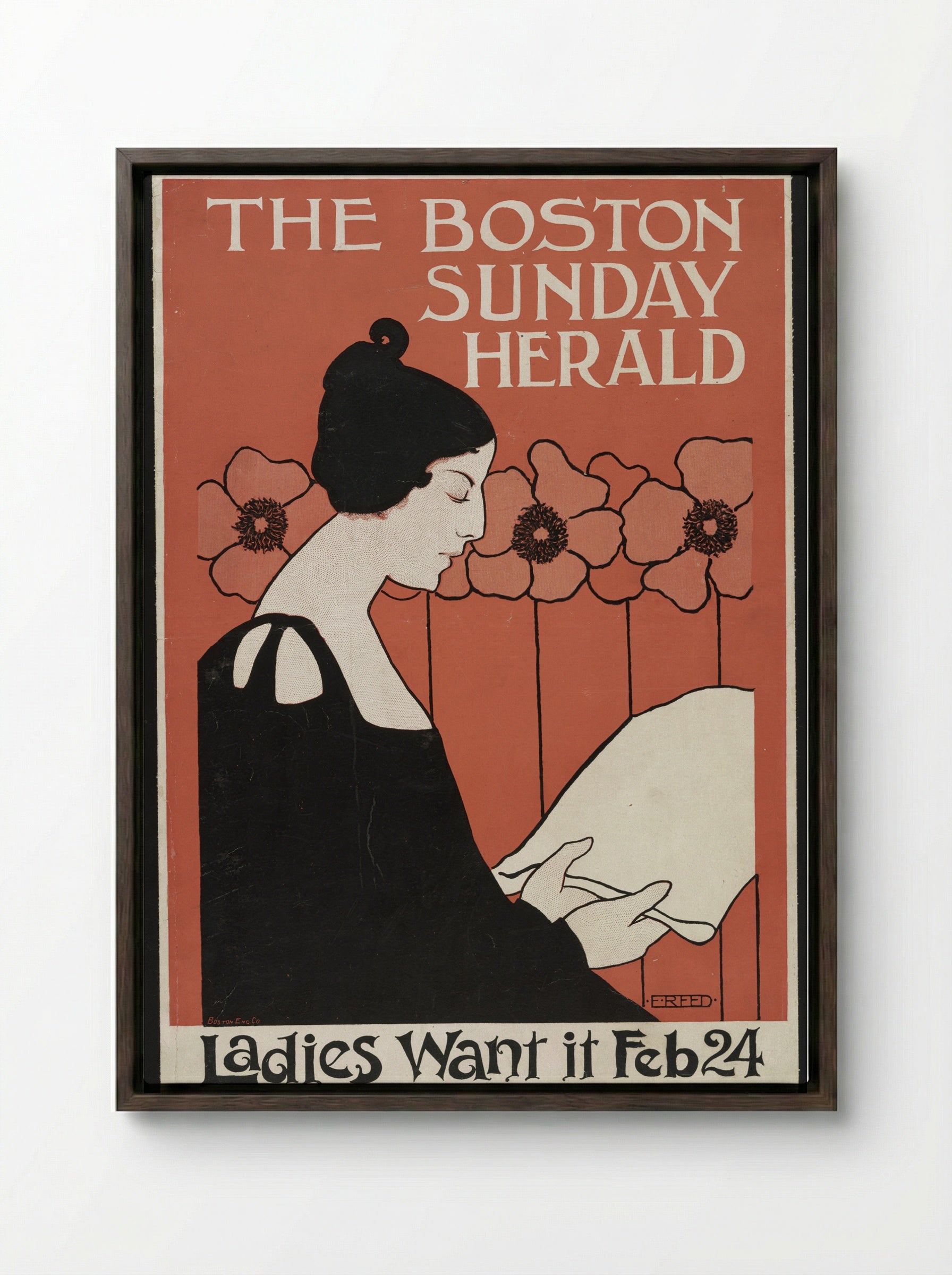 Portrait of a Woman Reading a Newspaper with Flowers - Ethel Reed - Framed Canvas Dark Wood