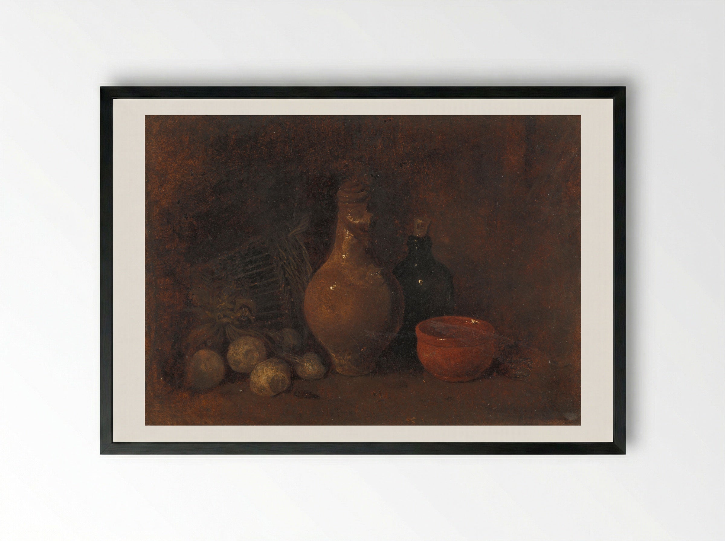 Stilleven met vier vruchten, glas en aardewerk - François Bonvin - Framed Print Black