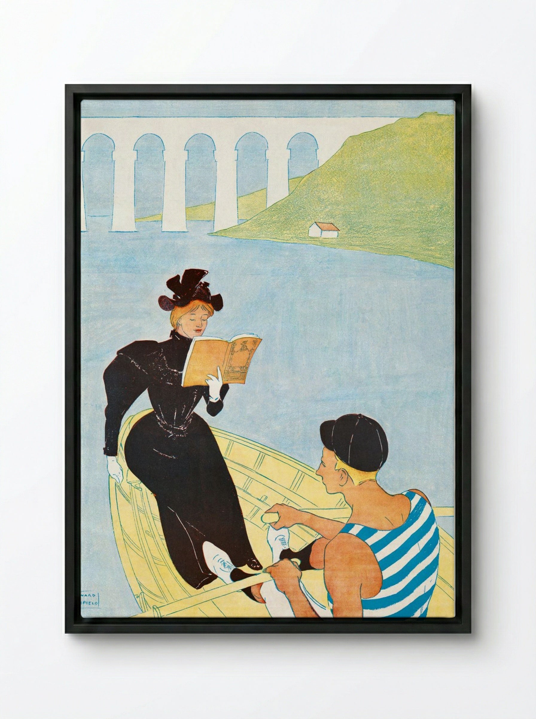 Woman Reading in a Row Boat - Edward Penfield - Framed Canvas Black