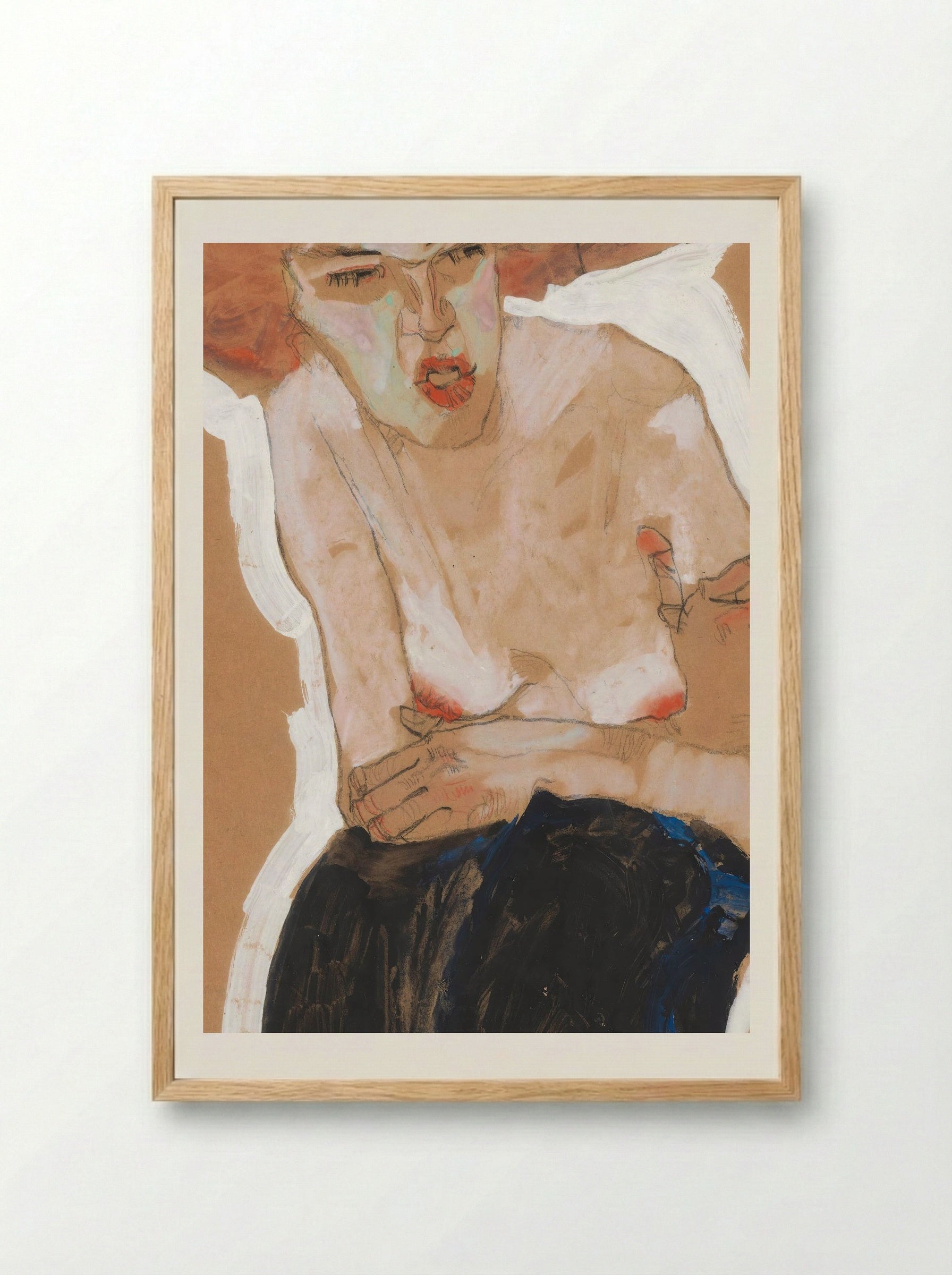 Die Häusliche (Seated Woman with Hat) - Egon Schiele - Framed Print Wood