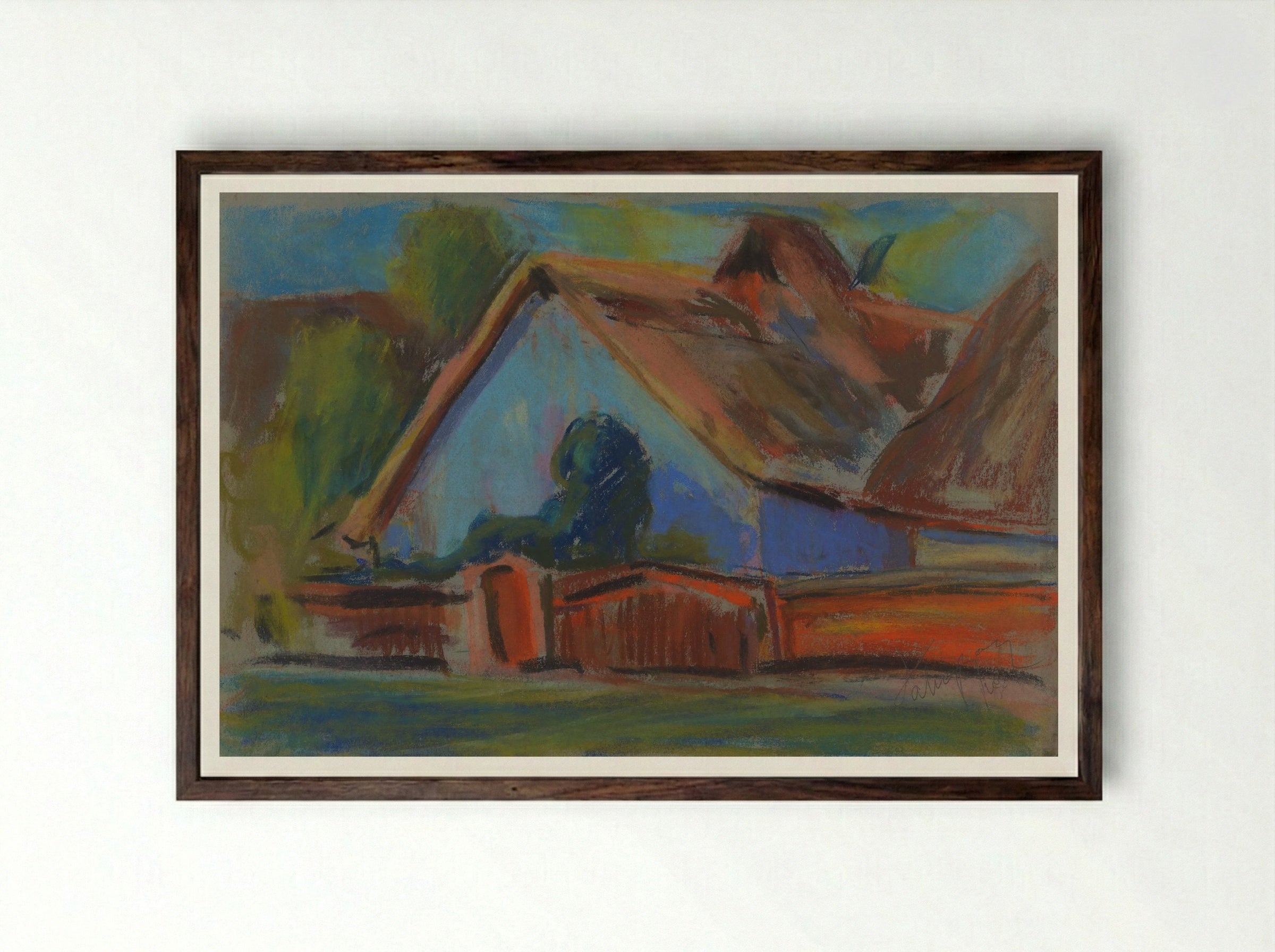 Blue Village Cottage - Zolo Palugyay - Framed Print Dark Wood