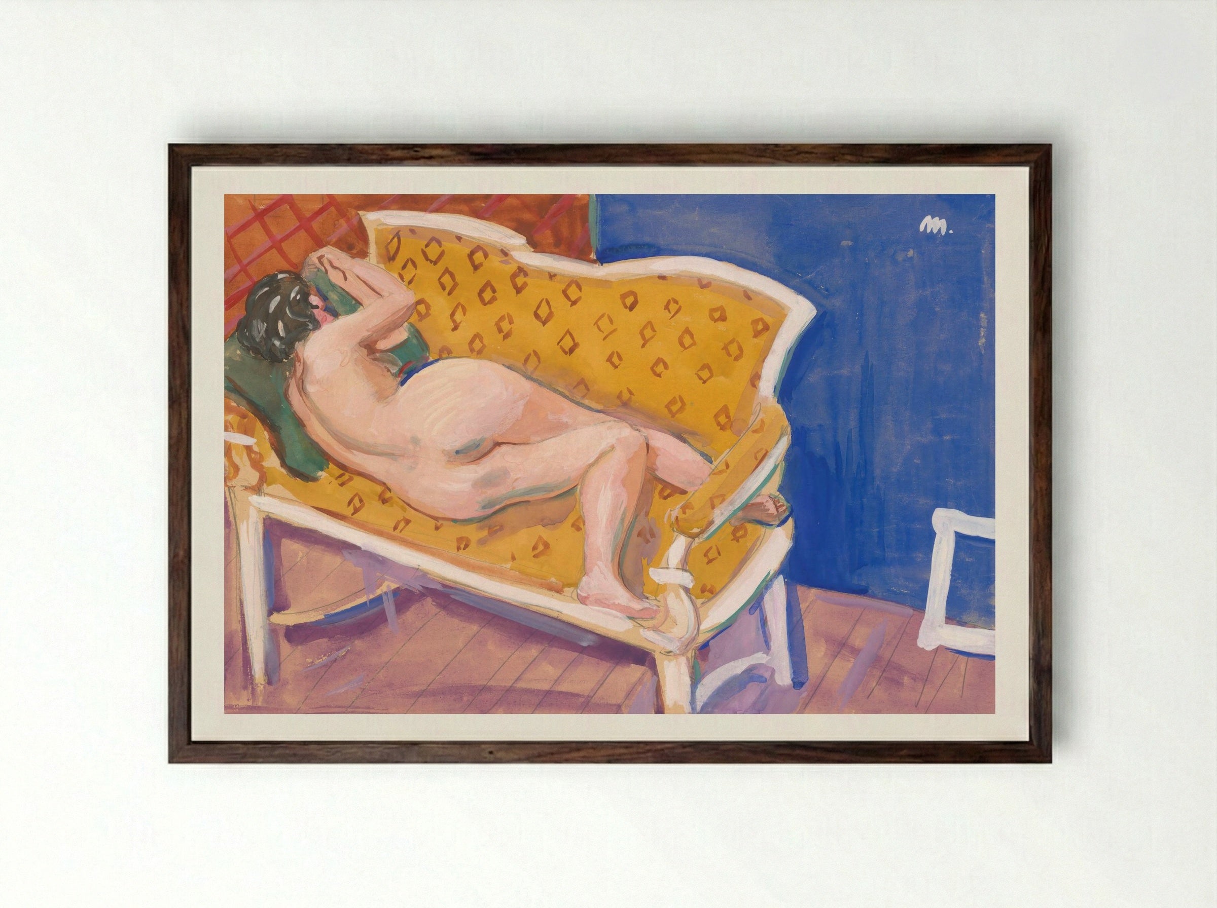 Reclining Nude on Yellow Sofa - Cyprián Majerník - Framed Print Dark Wood