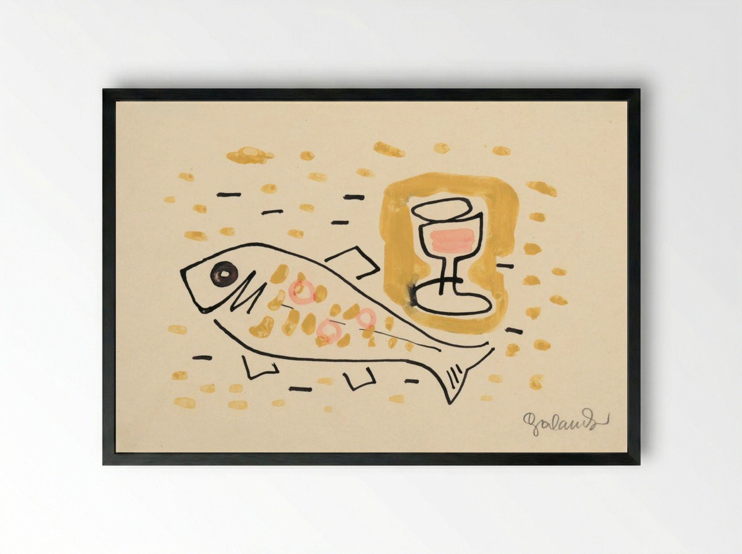 Still Life with Fish and Wine Glass - Mikuláš Galanda - Framed Print Black