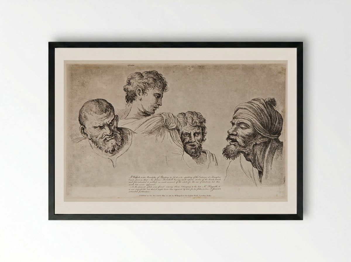 Four Heads from the Raphael Cartoons at Hampton Court - William Hogarth - Framed Print Black