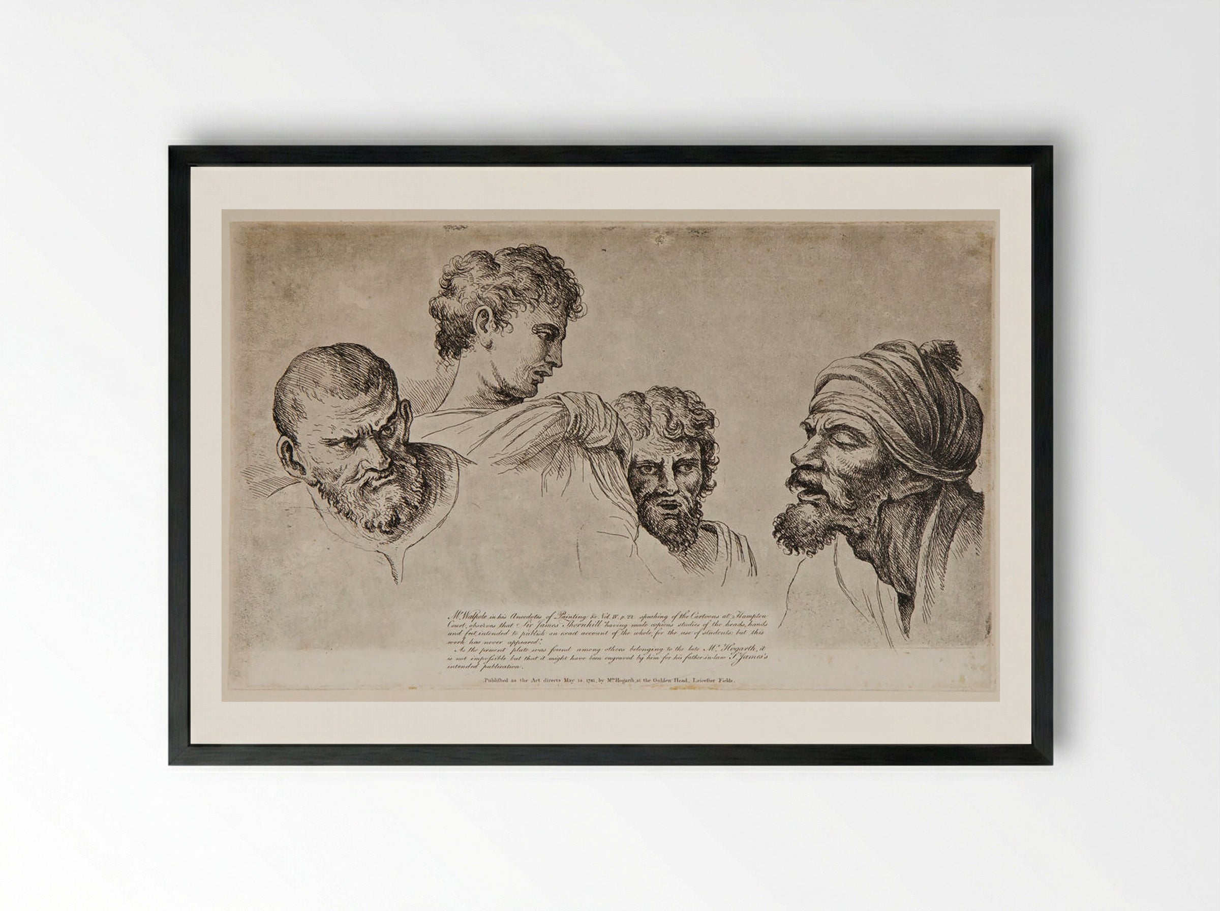 Four Heads from the Raphael Cartoons at Hampton Court - William Hogarth - Framed Print Black