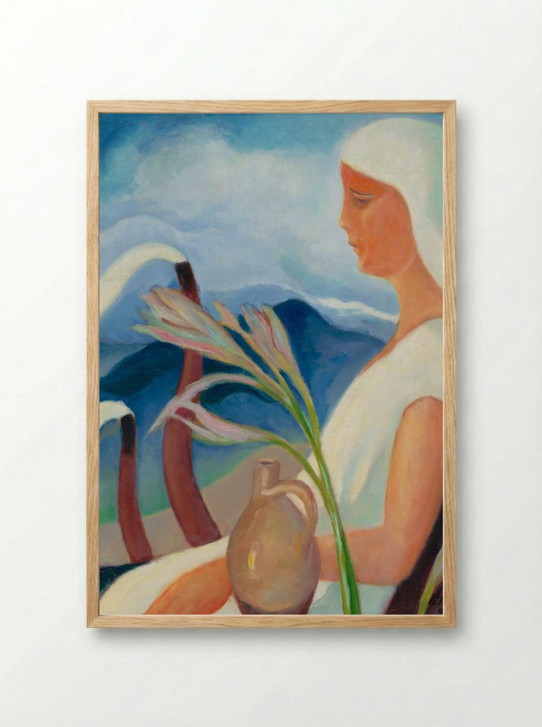 Girl in White with Factory Chimneys and Flowers - Zolo Palugyay - Framed Print Wood