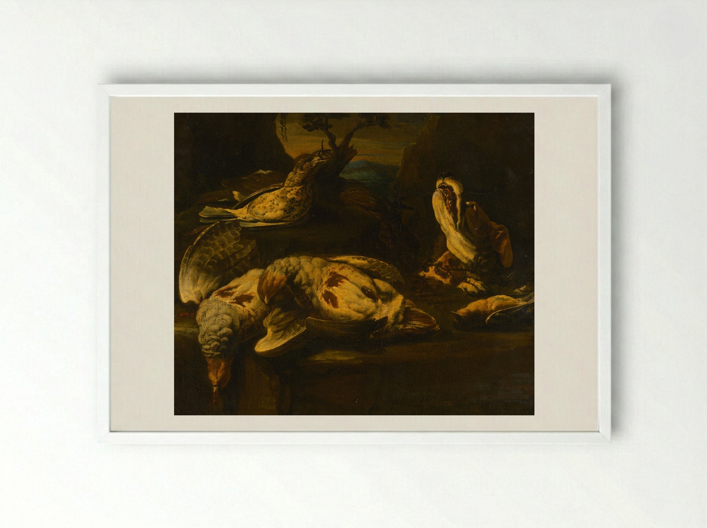Hunting Still Life with Birds and Dog - Fine Art Print - Framed Print White