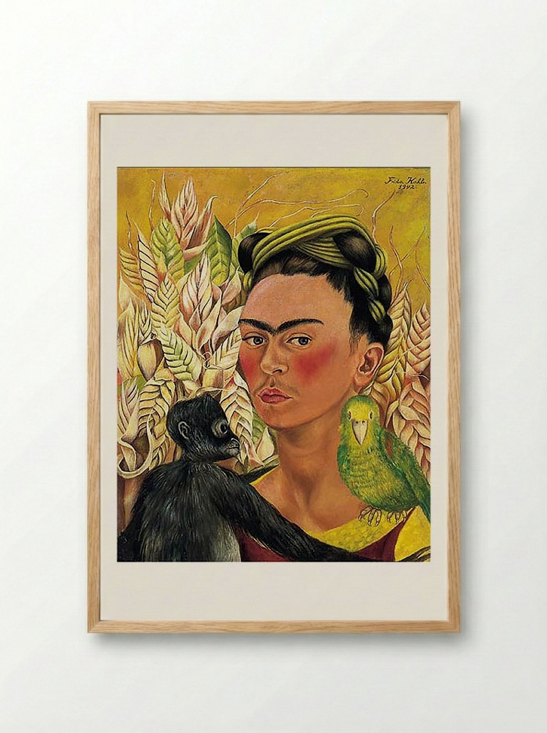 Self-Portrait with Monkey and Parrot - Frida Kahlo - Framed Print Wood