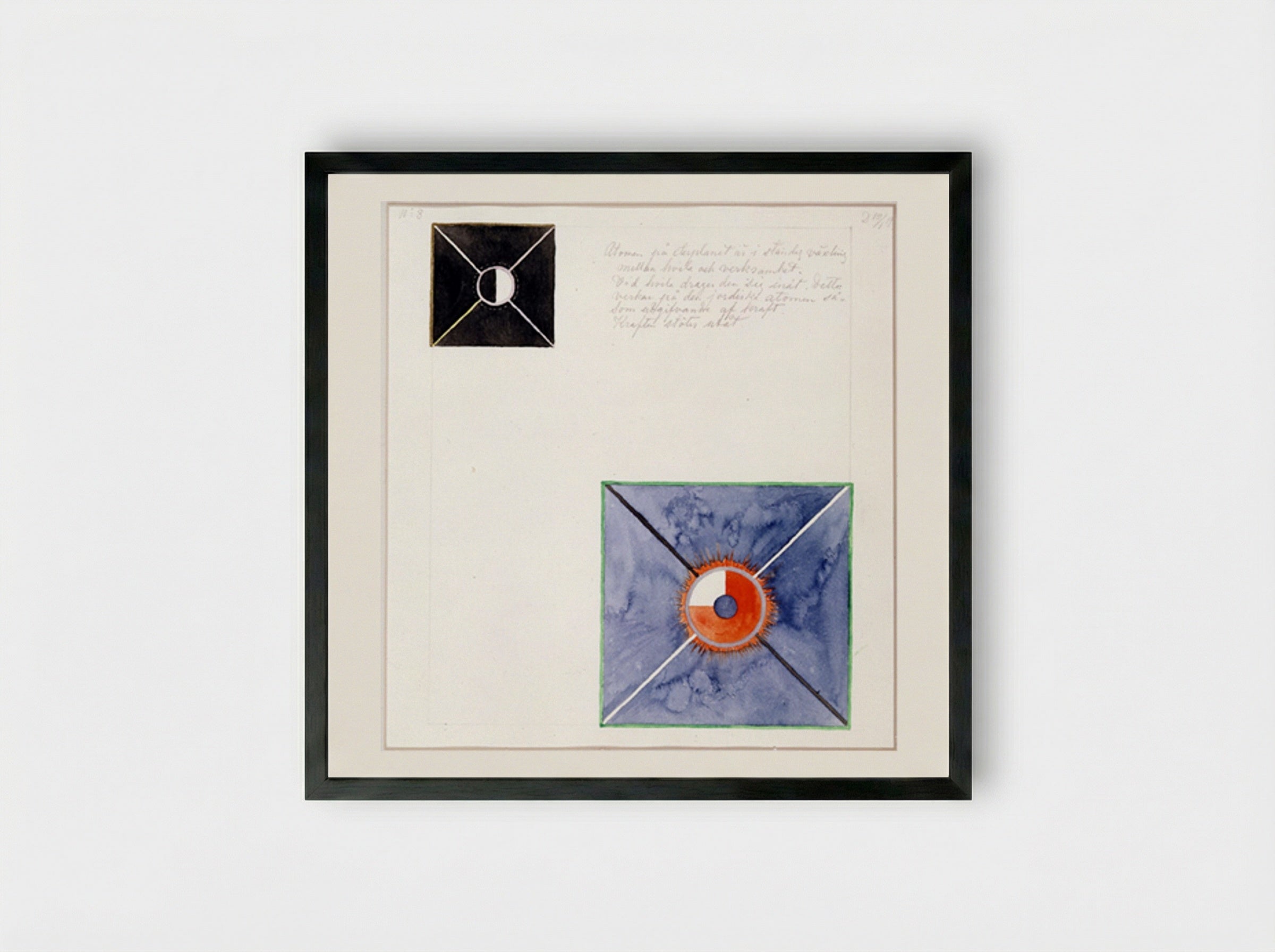 Atom Series, No. 8: Atom on the ether plane is in constant change between rest and activity. At the rest it pulls itself inwards. This affects the earthly atom as giving of force. - Hilma af Klint - Framed Print Black