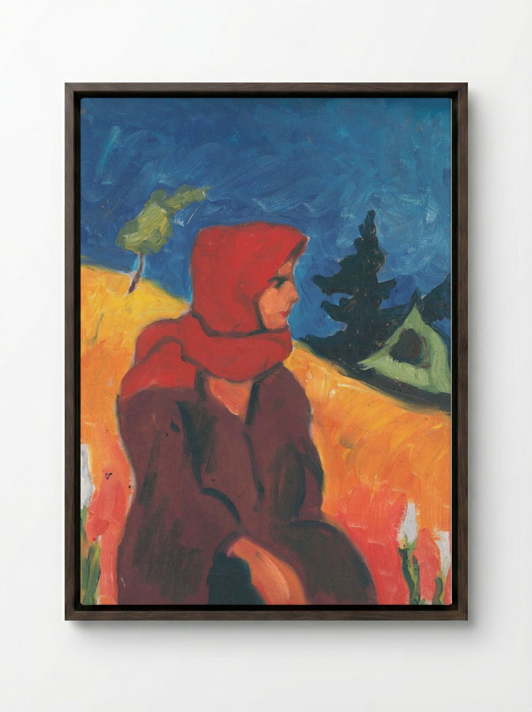 Village Girl in a Red Scarf - Zolo Palugyay - Framed Canvas Dark Wood