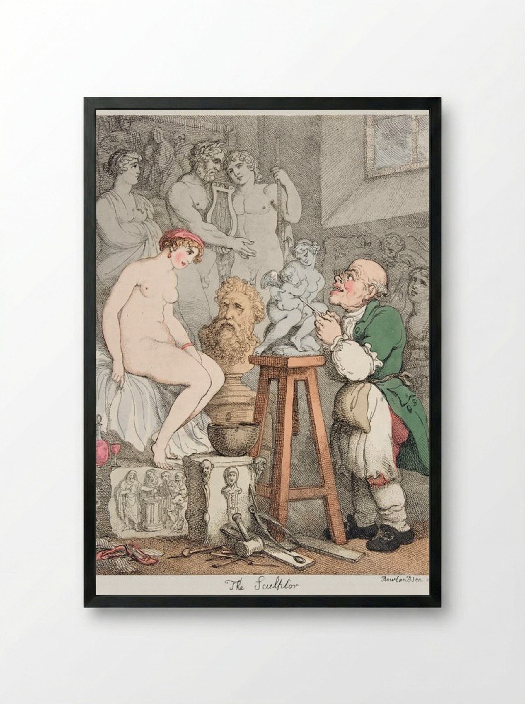The Sculptor, Preparations for the Academy: Old Joseph Nollekens and his Venus - Thomas Rowlandson - Framed Print Black
