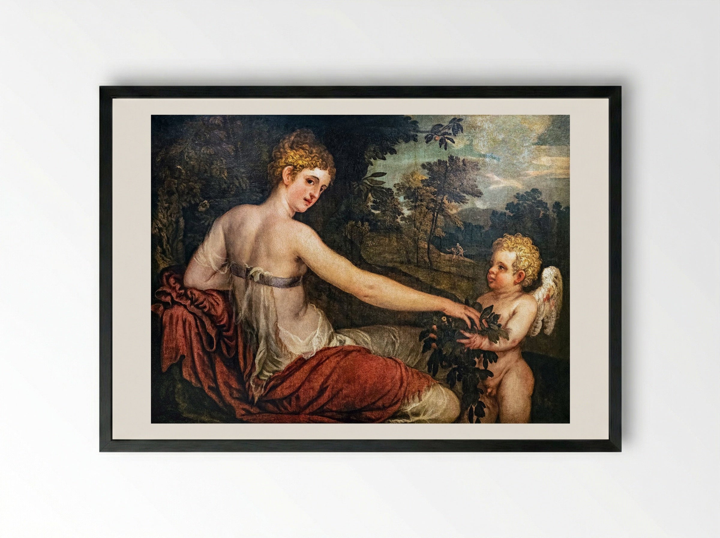Flora with Cupid in a Landscape - Lambert Sustris - Framed Print Black