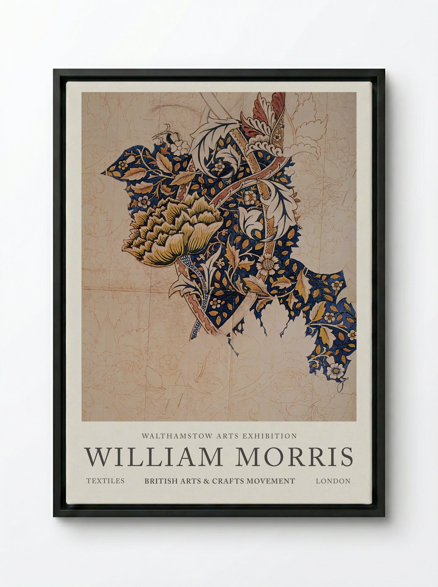 Design for Windrush printed textile - William Morris - Framed Canvas Black