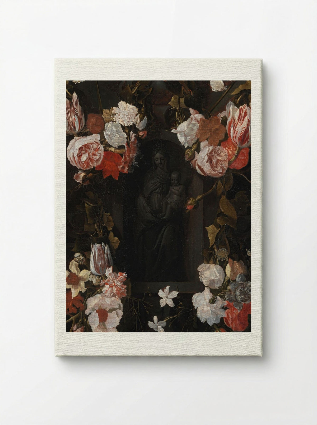 A Flower-Wreathed Niche with a Stone Figure of the Madonna - Fine Art Print - Canvas