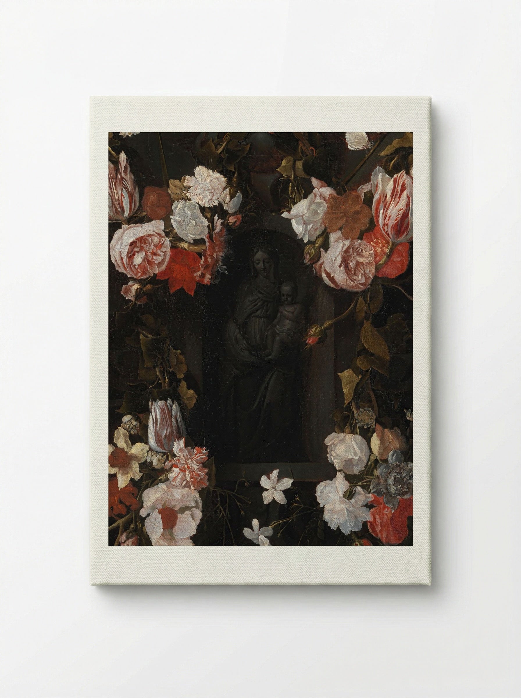 A Flower-Wreathed Niche with a Stone Figure of the Madonna - Fine Art Print - Canvas