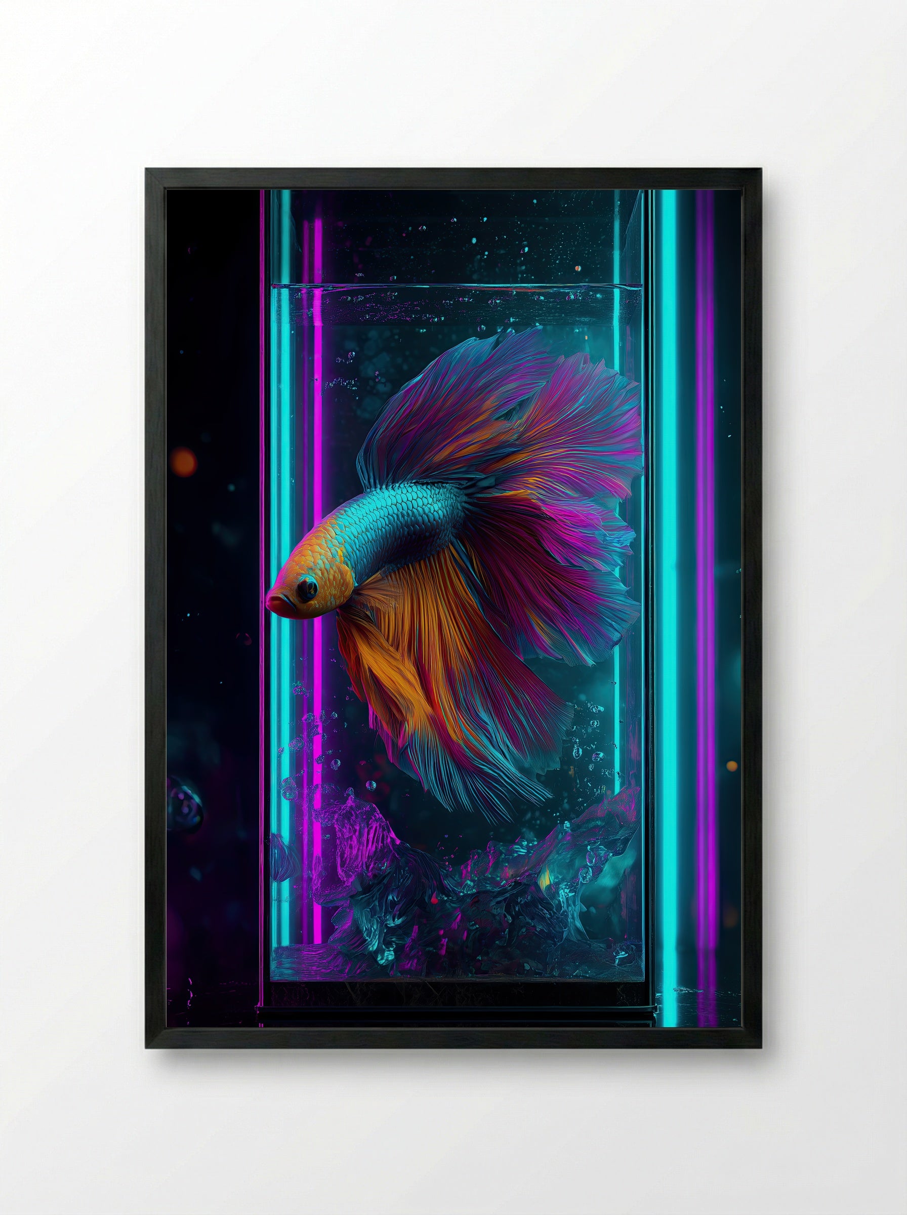 Neon Betta No.2 – Electric Blue Betta in Chromatic Tank - Framed Print Black