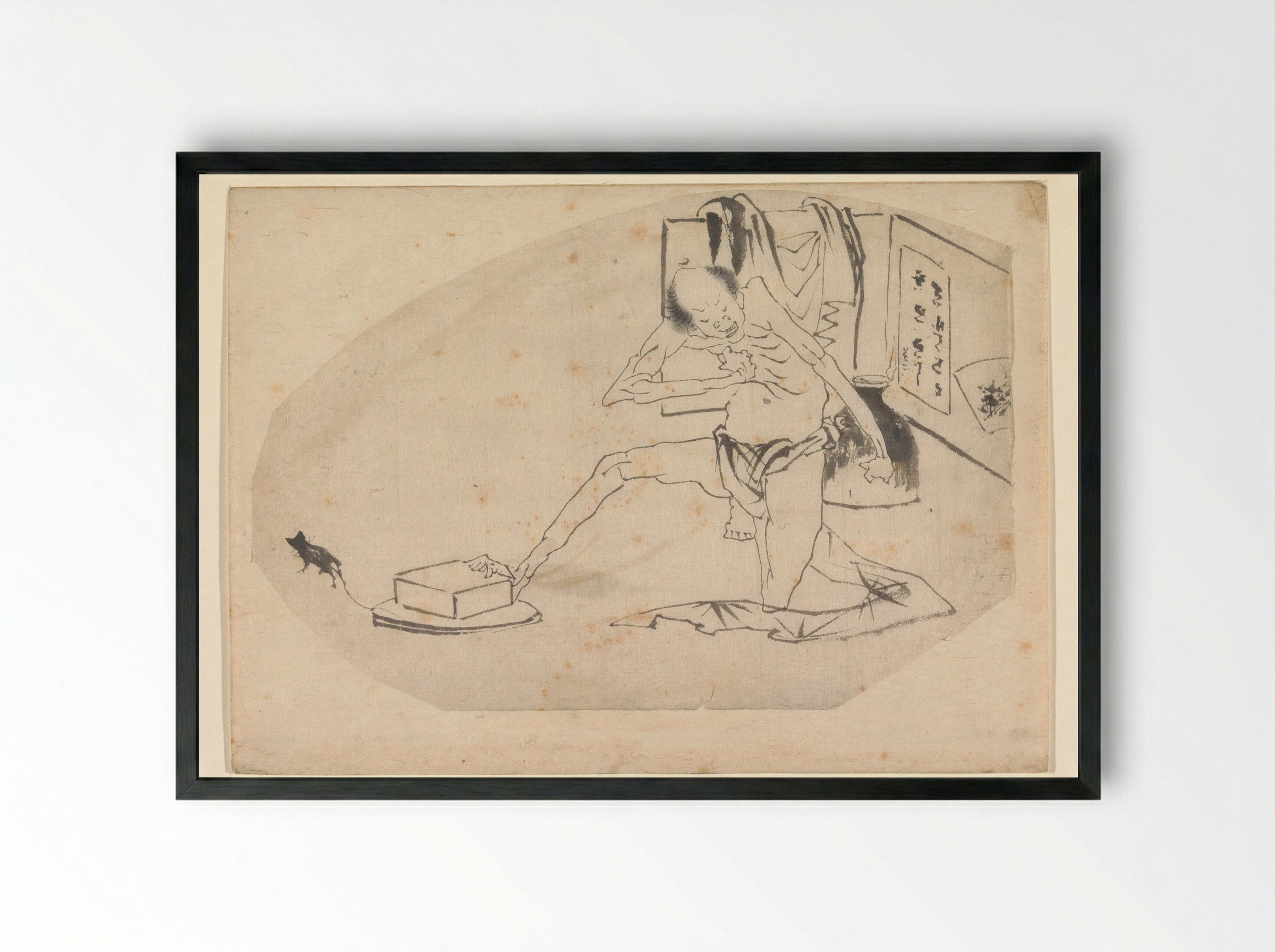 Man in Lendendoek, een doos en een muis - Katsushika Hokusai - Framed Print Black