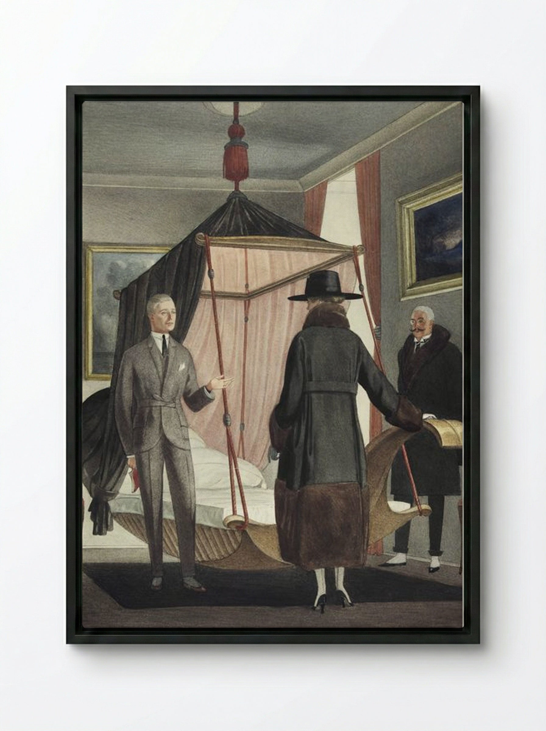 Two Men and a Woman in a Bedroom - Otto Friedrich Carl Lendecke - Framed Canvas Black