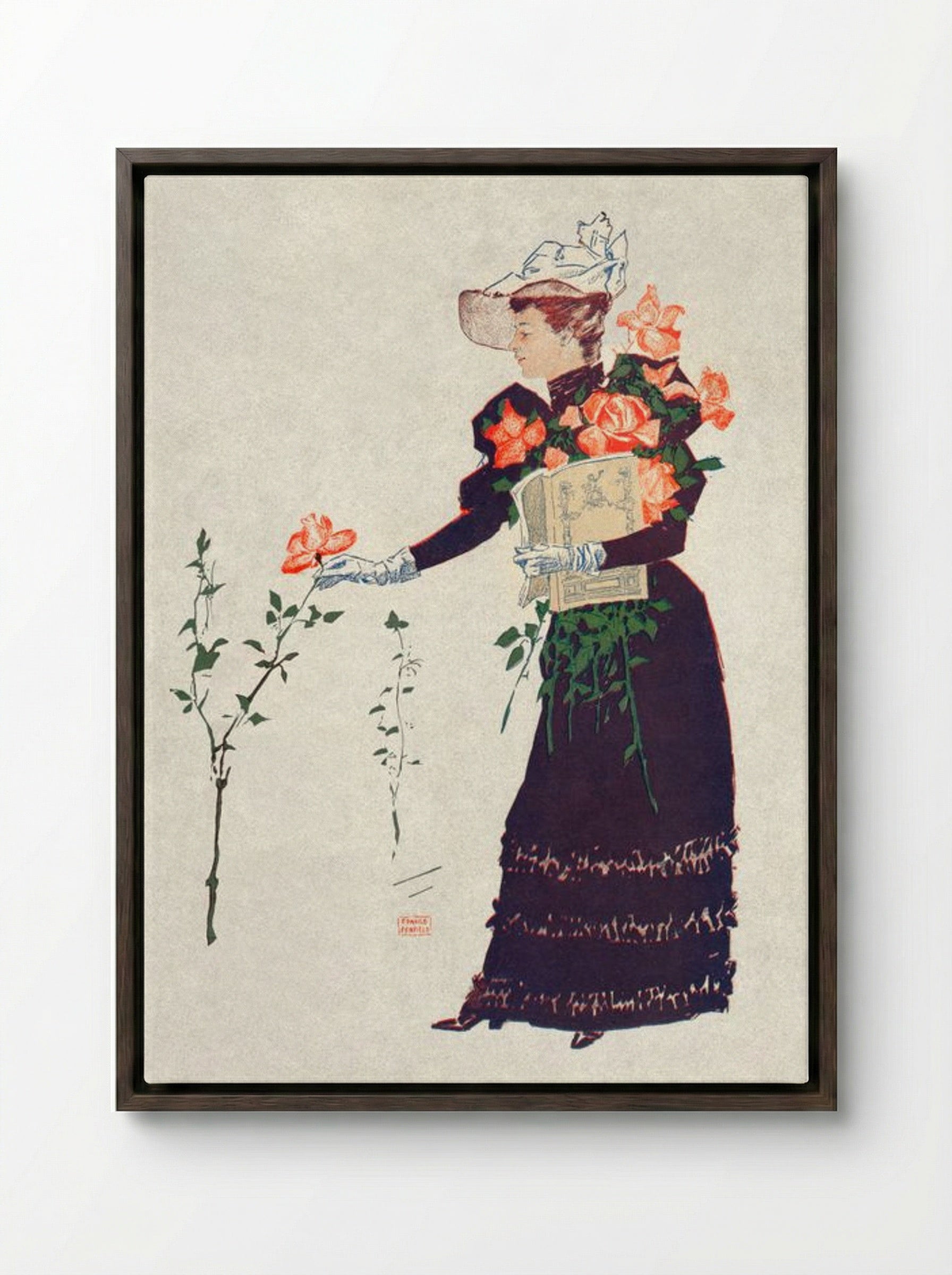 Woman Picking Up Flowers - Edward Penfield - Framed Canvas Dark Wood