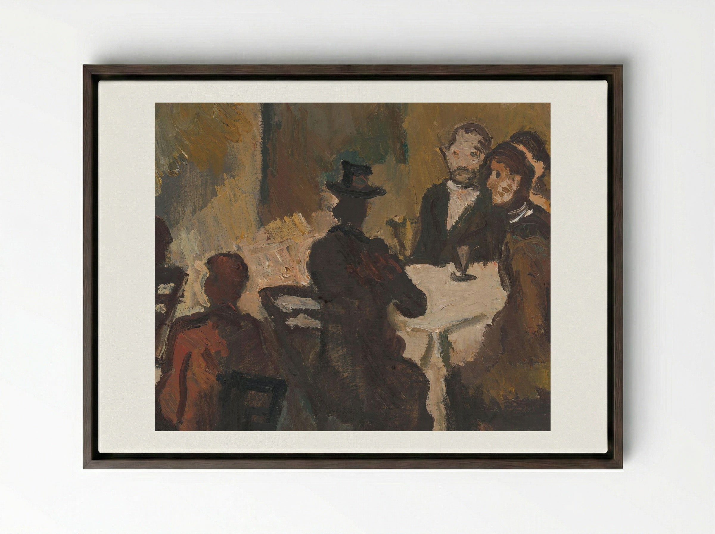 Company in a Coffee Shop - Cyprián Majerník - Framed Canvas Dark Wood