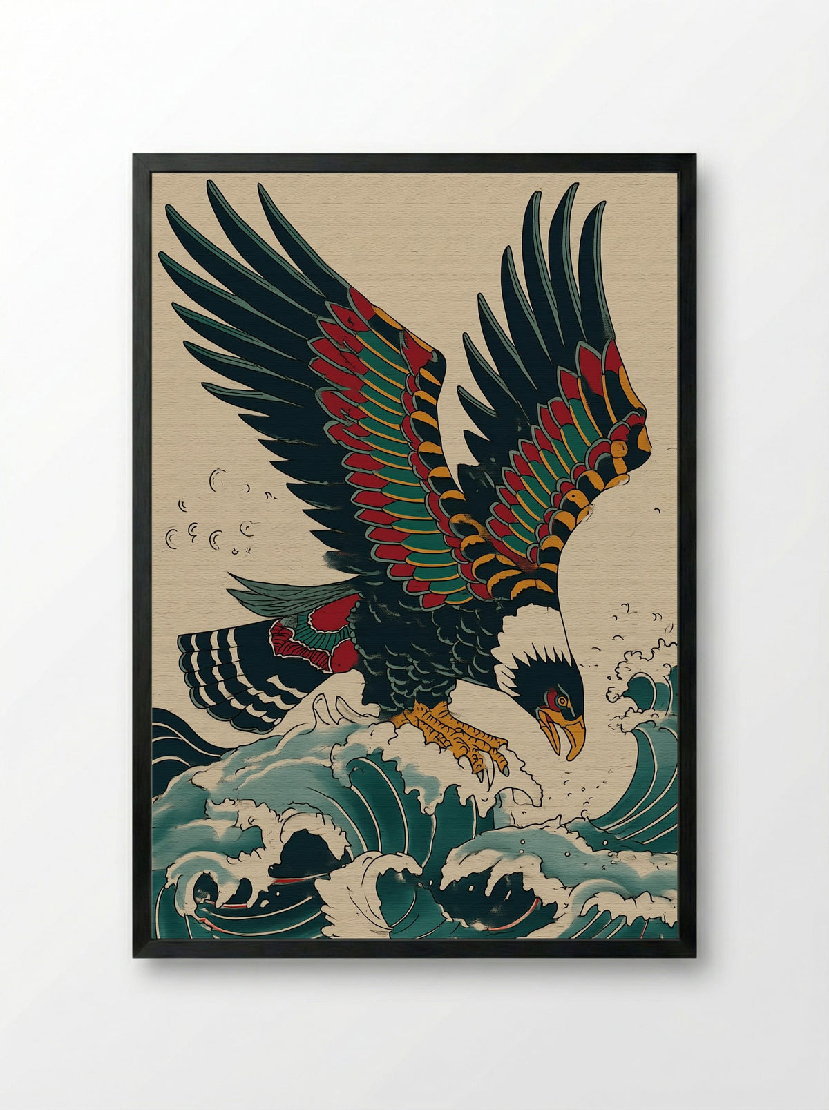 Eagle Over Waves - Japanese Inspired Art Print - Framed Print Black