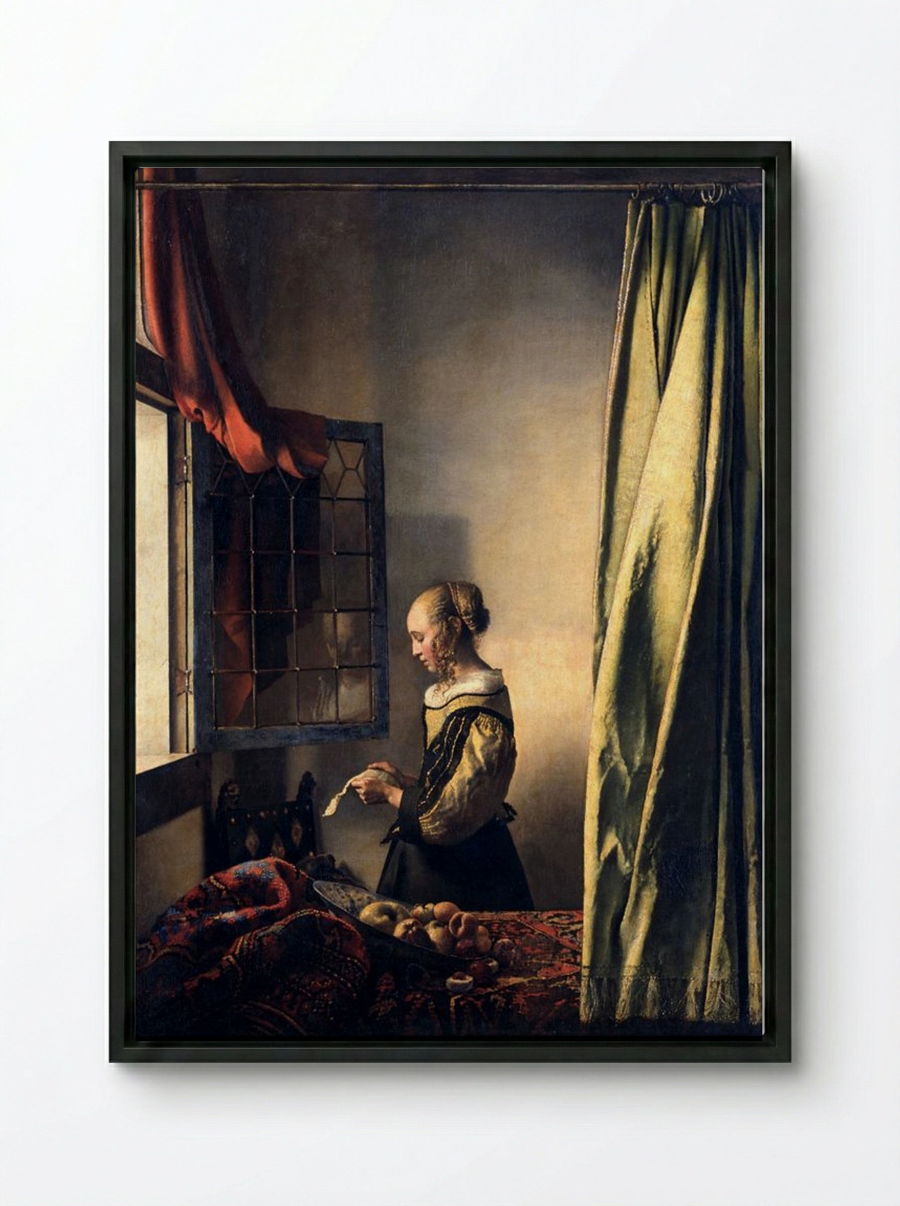 Girl Reading a Letter by an Open Window - Johannes Vermeer - Framed Canvas Black