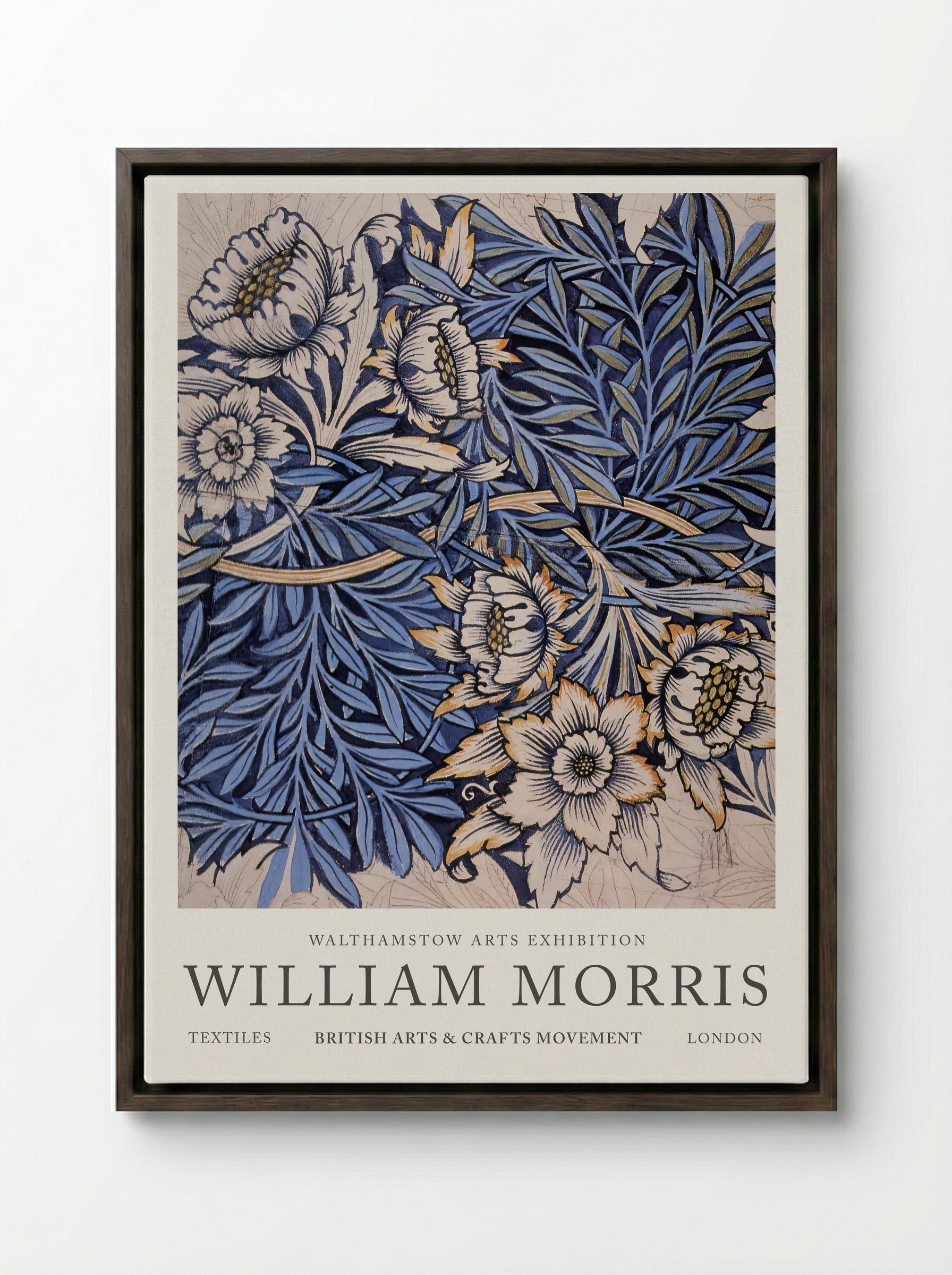Design for Tulip and Willow indigo-discharge wood-block printed fabric - William Morris - Framed Canvas Dark Wood