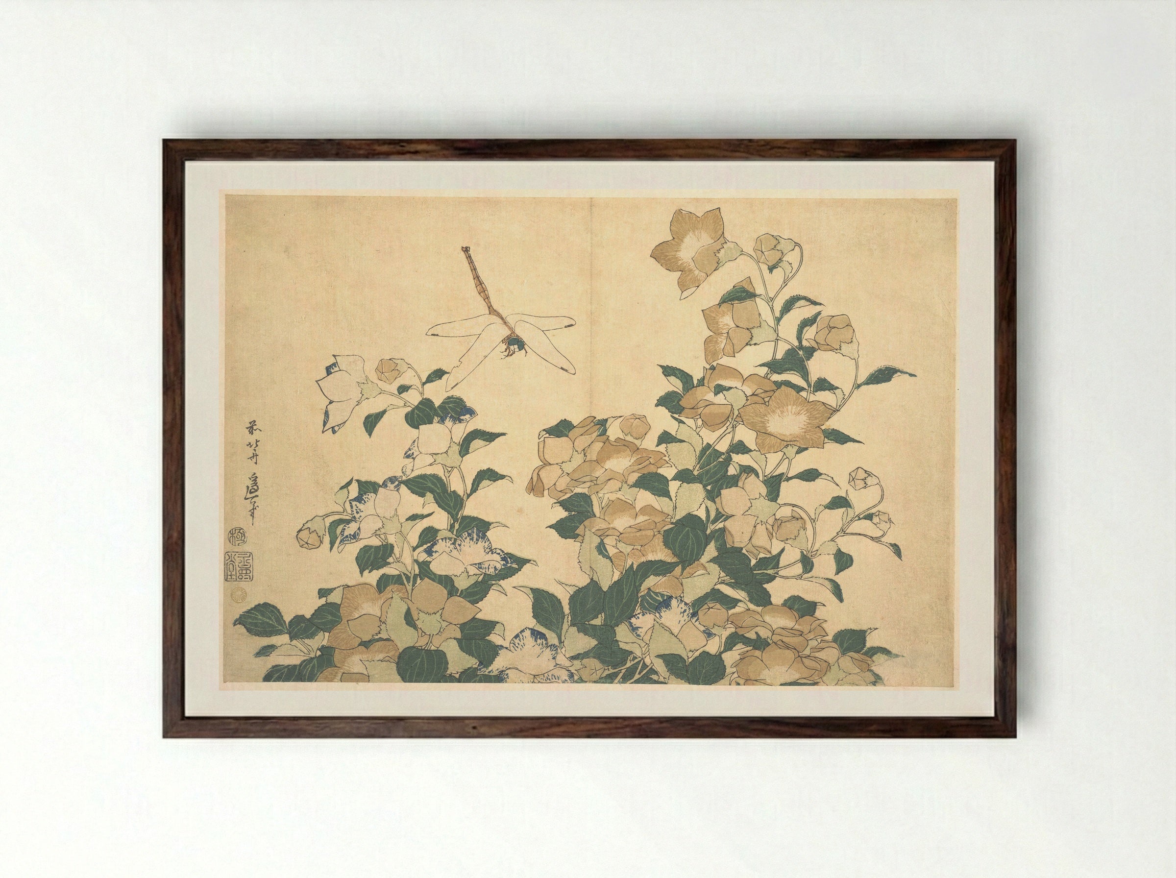 Dragonfly and Bellflower - Katsushika Hokusai - Framed Print Dark Wood