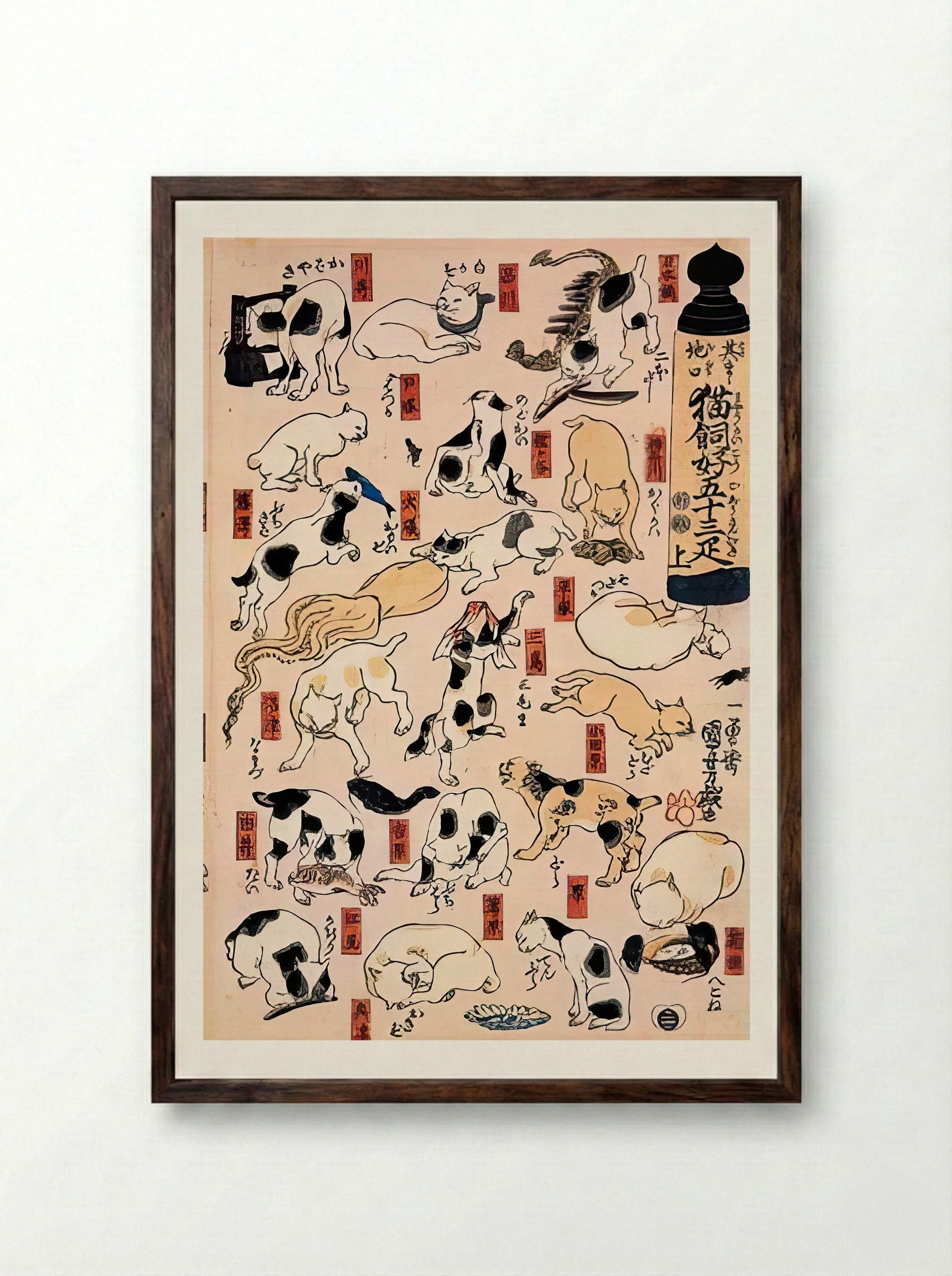 Cats of the Tokaido – Kuniyoshi Japanese Ukiyo-e Art Print - Framed Print Dark Wood