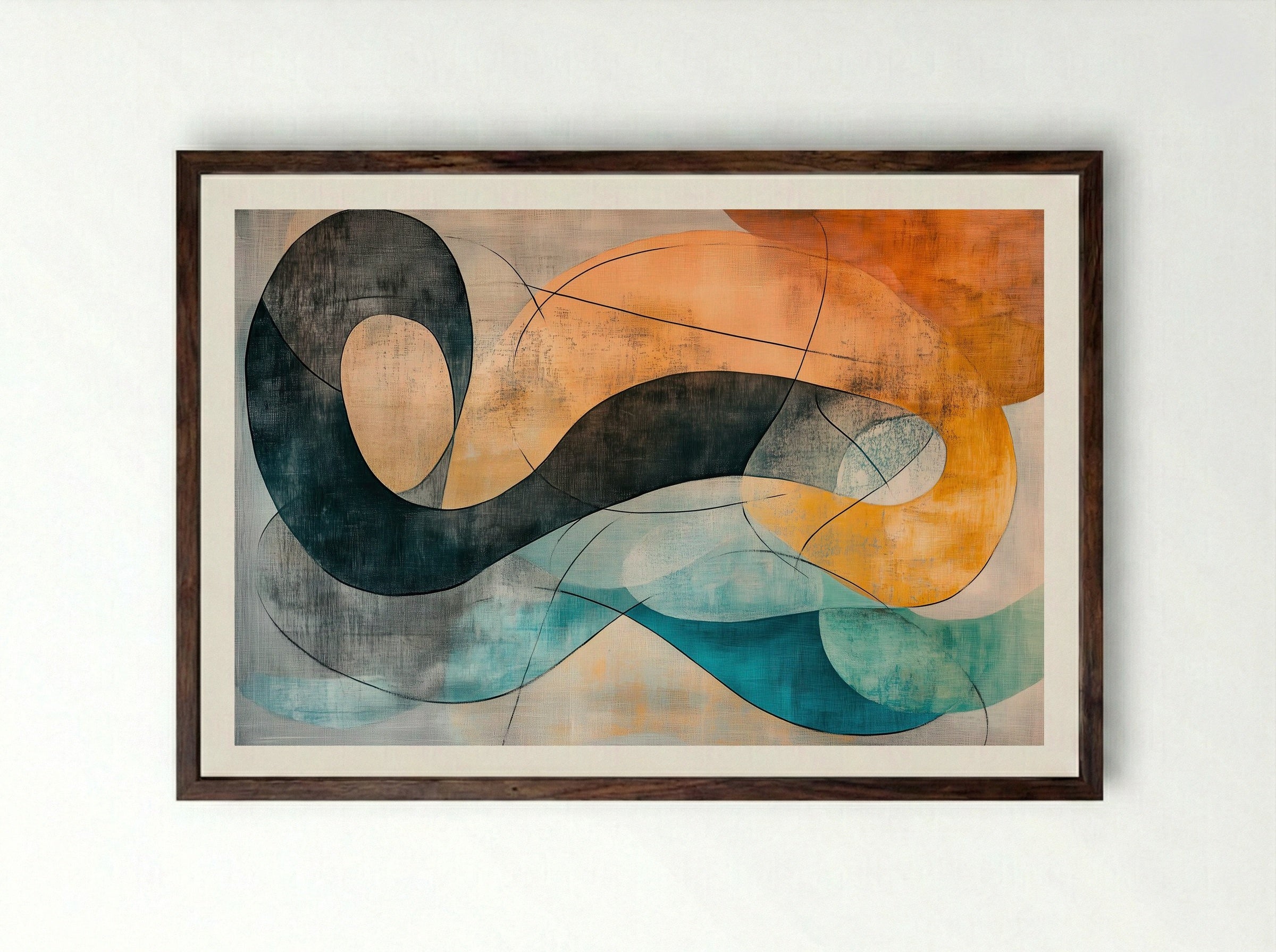 Coastal Motion – Abstract Flow in Teal, Ochre and Charcoal - Framed Print Dark Wood