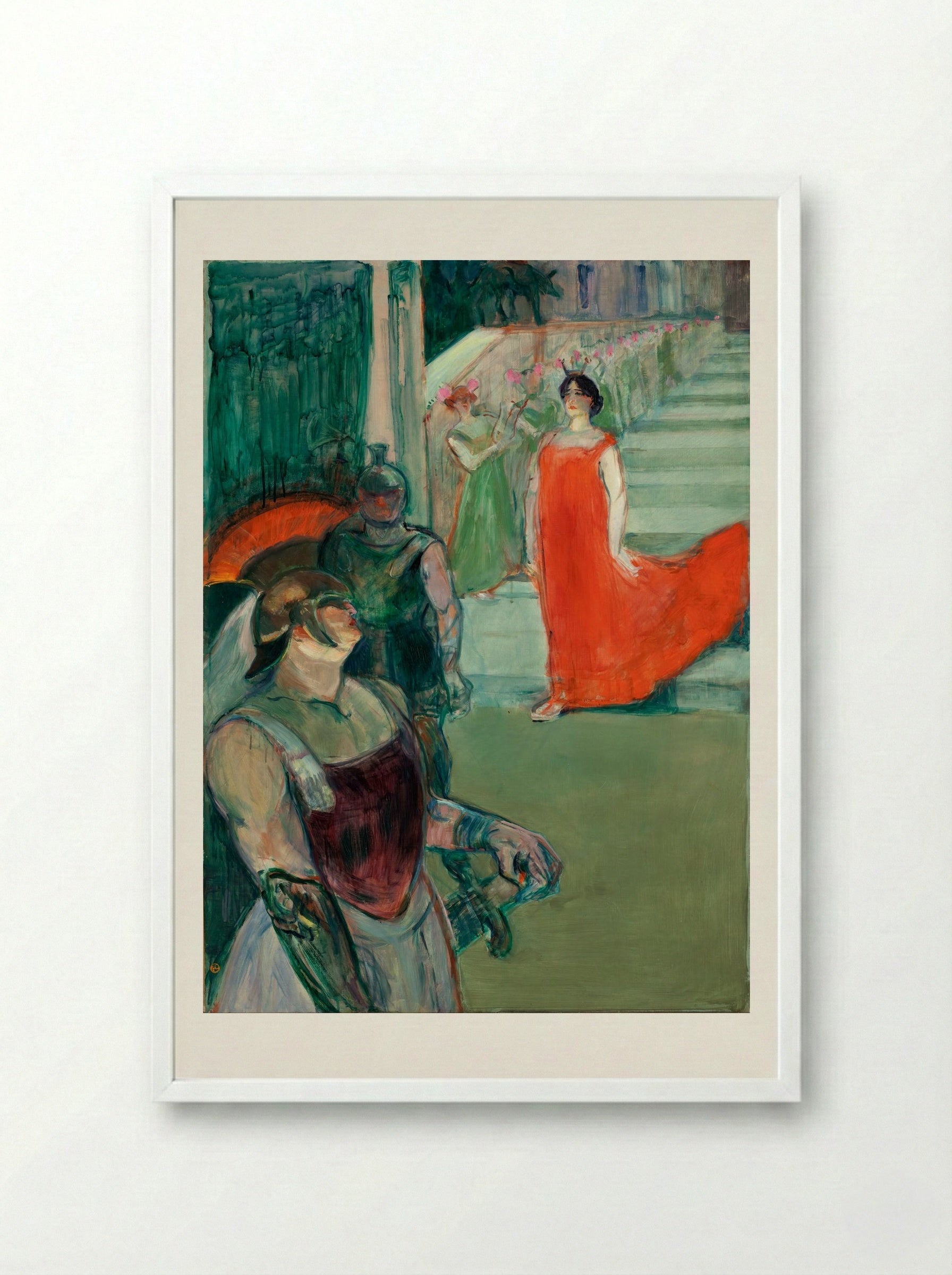 The Opera Messalina at Bordeaux: Messaline Descends the Staircase Bordered by Extras - Henri de Toulouse-Lautrec - Framed Print White