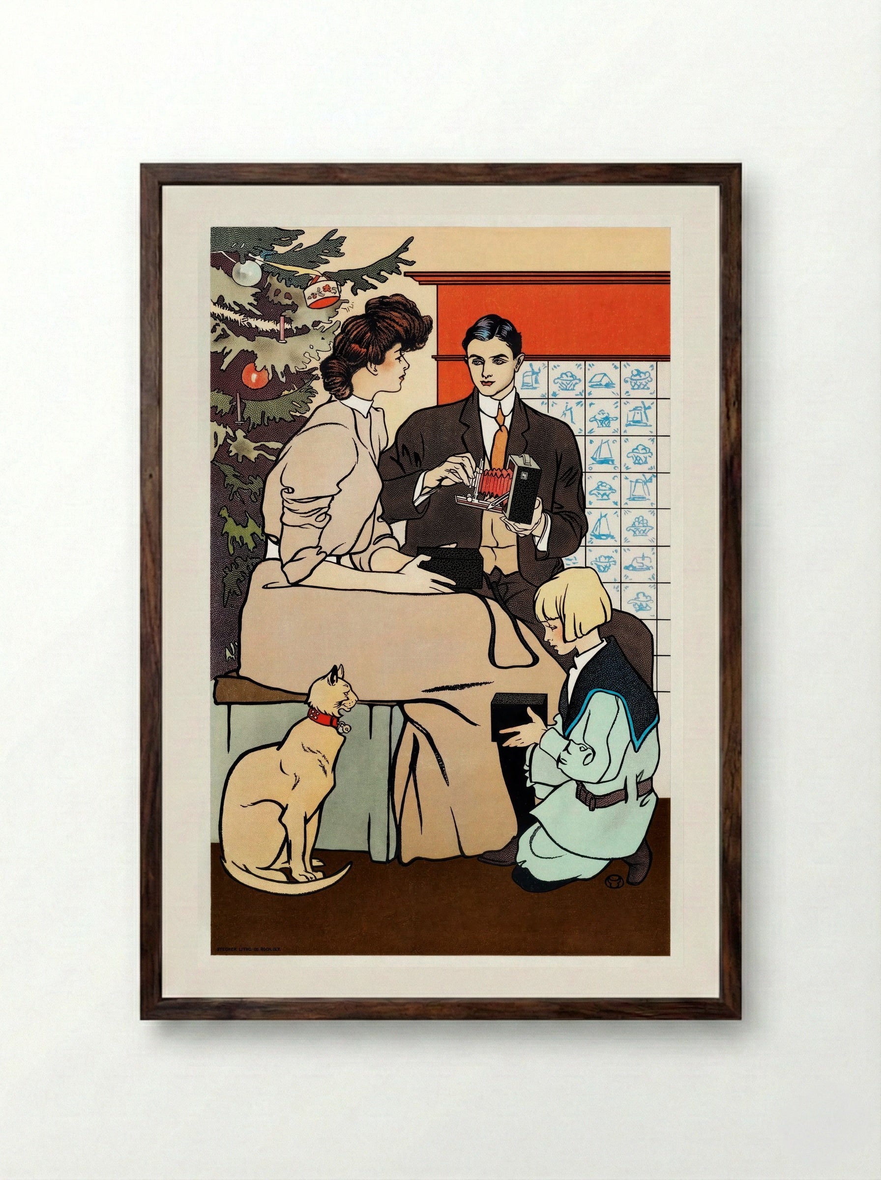 Vintage Christmas Morning (Family Scene with Camera) - Edward Penfield - Framed Print Dark Wood