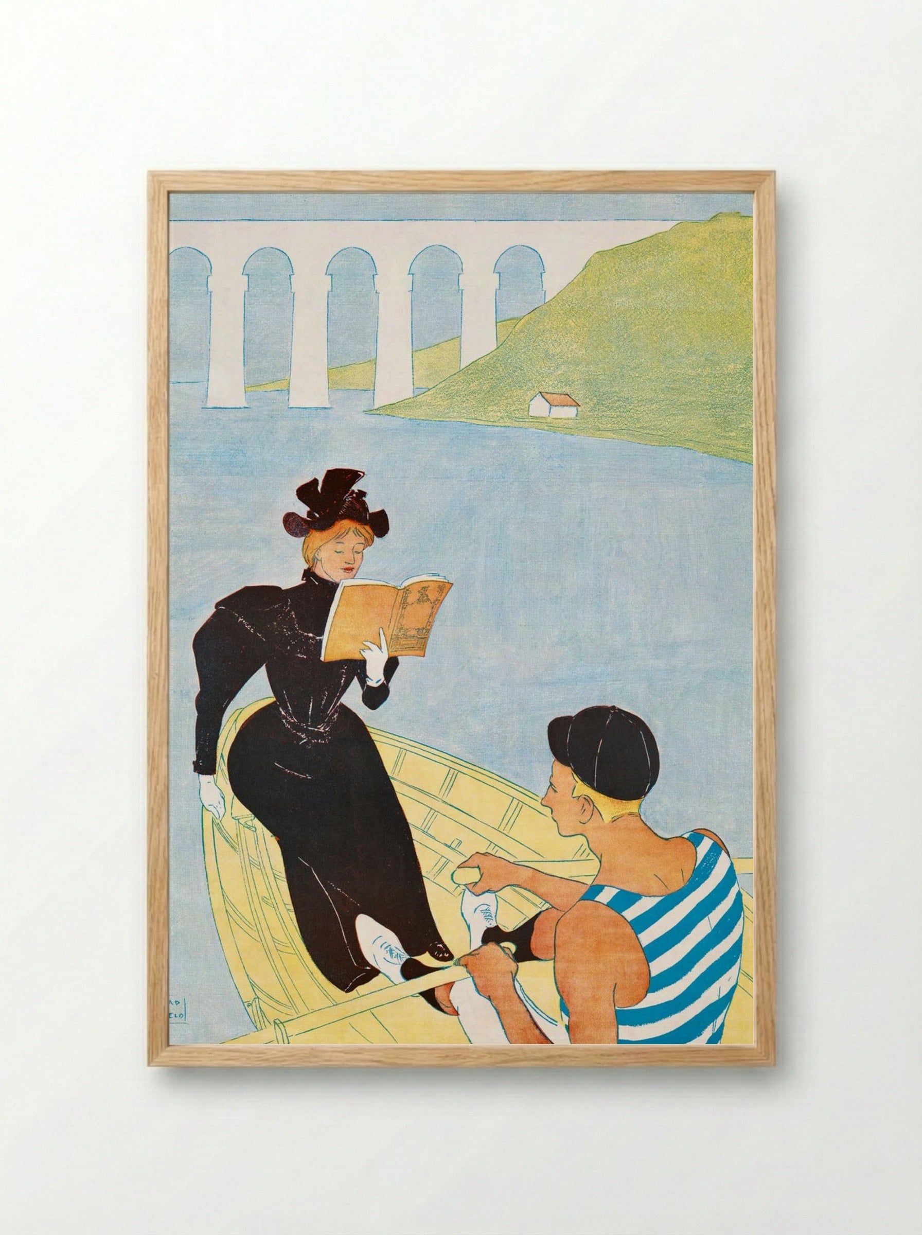 Woman Reading in a Row Boat - Edward Penfield - Framed Print Wood