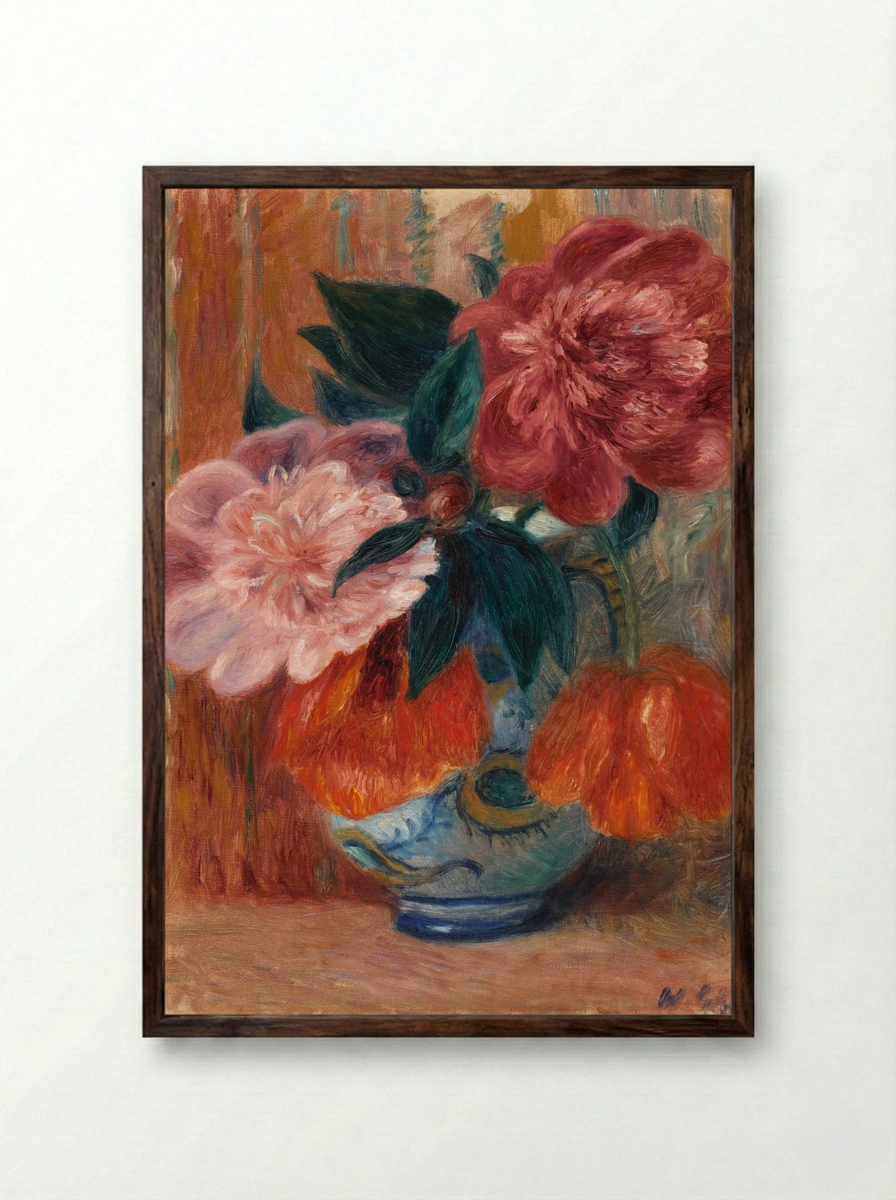 Tulips and Peonies in Pitcher - William James Glackens - Framed Print Dark Wood