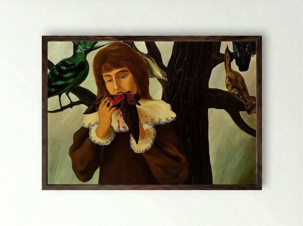 Young Girl Eating a Bird (The Pleasure) - René Magritte - Framed Print Dark Wood