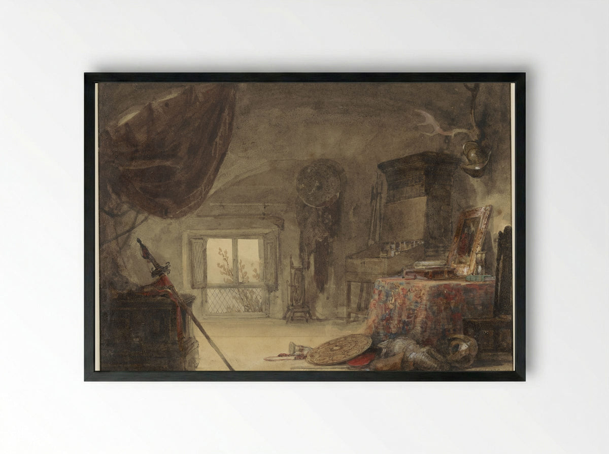 Zoldervertrek, ingericht als atelier (David Roberts) - David Roberts - Framed Print Black