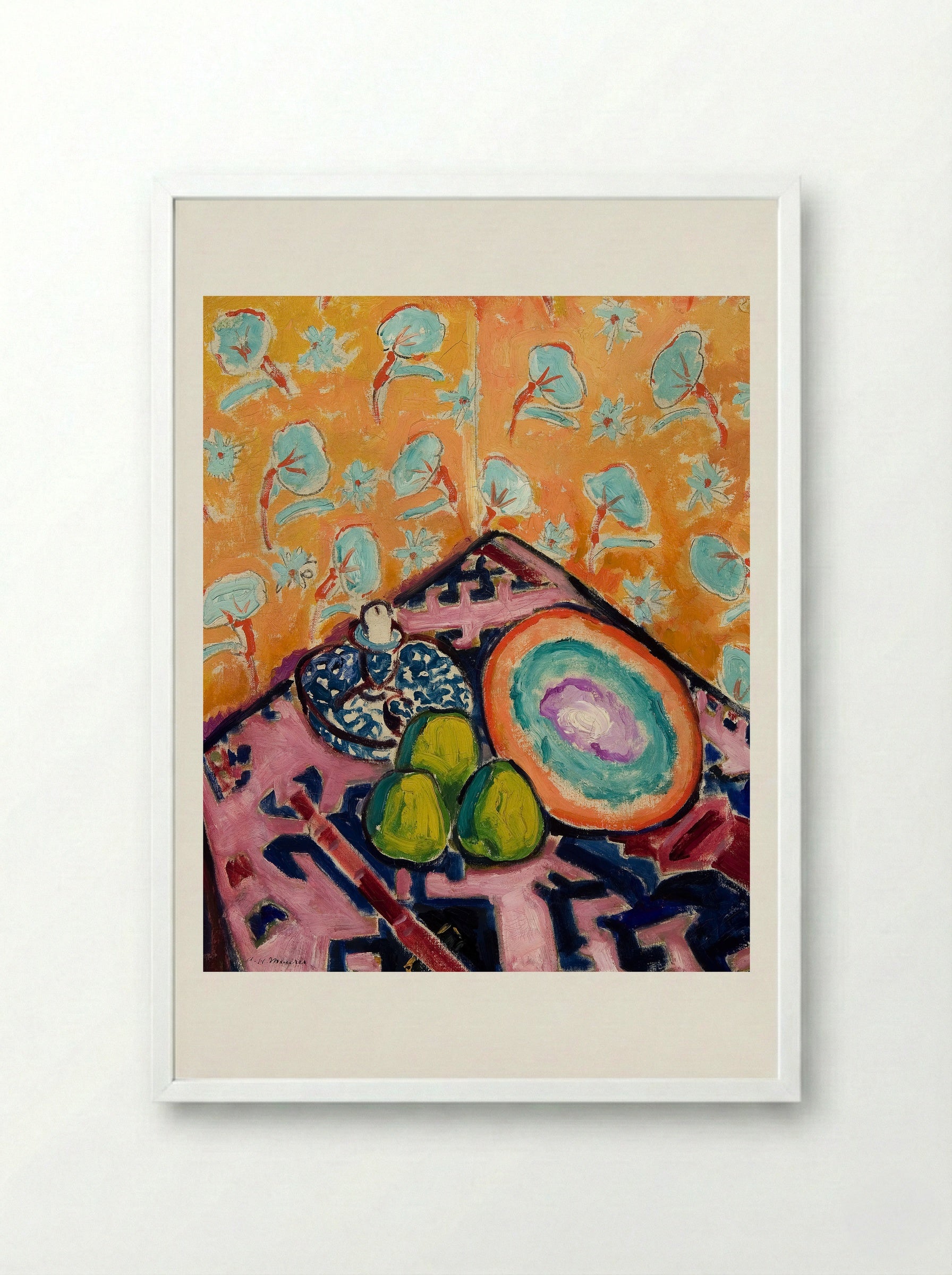 Still Life with Fruit and Patterned Background - Alfred Henry Maurer - Framed Print White