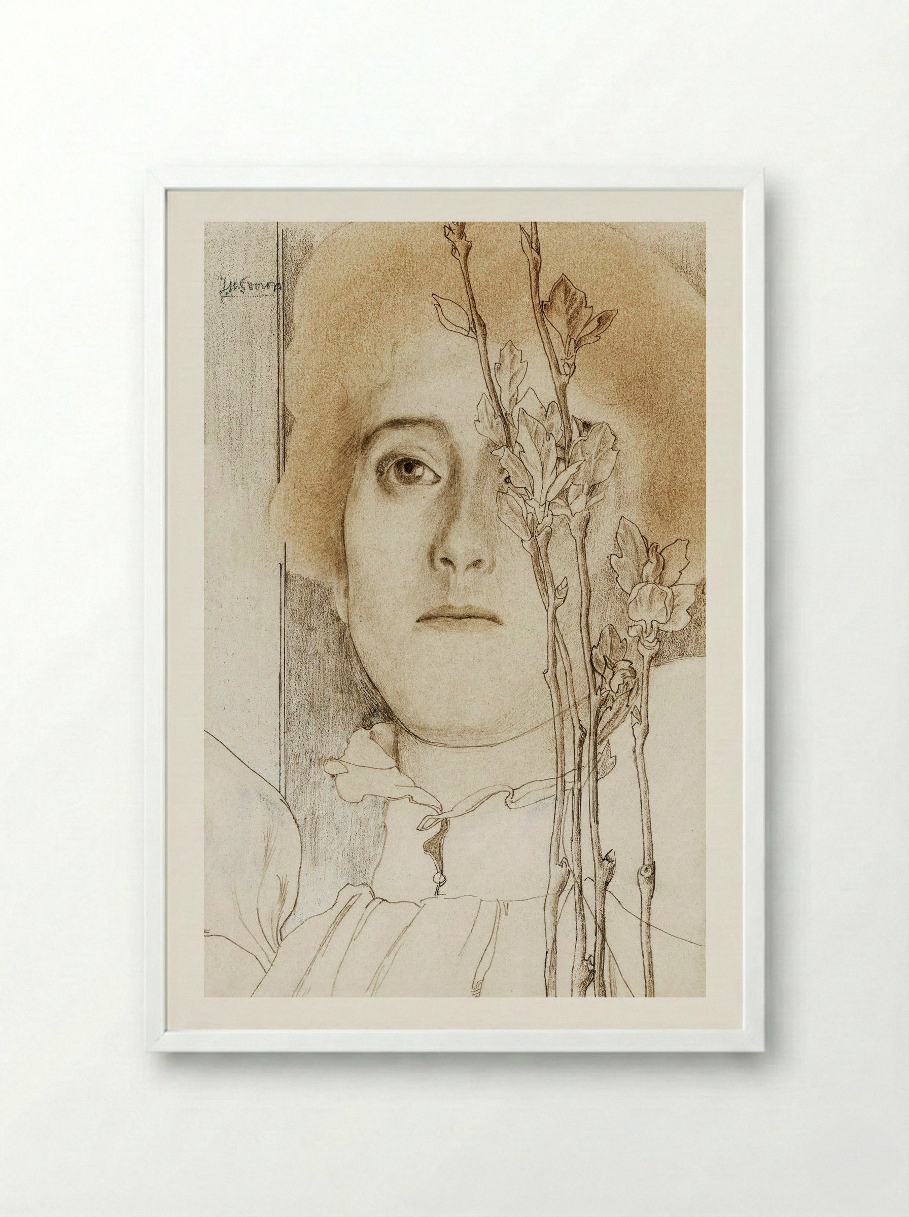 Portrait of an Unknown Woman with Flowering Branch - Jan Toorop - Framed Print White